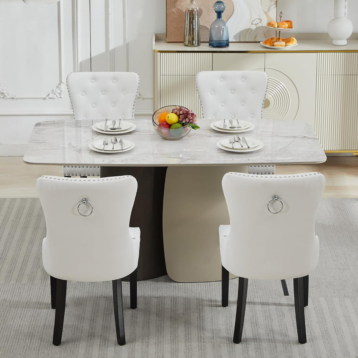 PU Leather Dining Chairs Set of 4, Upholstered Dining Room Chairs with Solid Wood Legs & Back Ring Pull Trim Ring, Modern Dining Chairs Perfect for Dining Room,Living Room,Kitchen, White