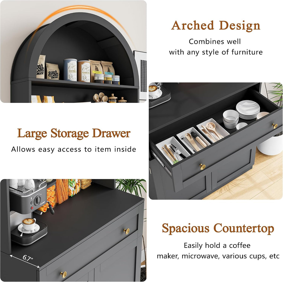 71" Tall Arched Kitchen Pantry Cabinet, Modern Kitchen Storage Cabinets with Hidden Drawer and Spacious Countertop, Wooden Storage Pantry Cabinet for Living Room, Dining Room, Black