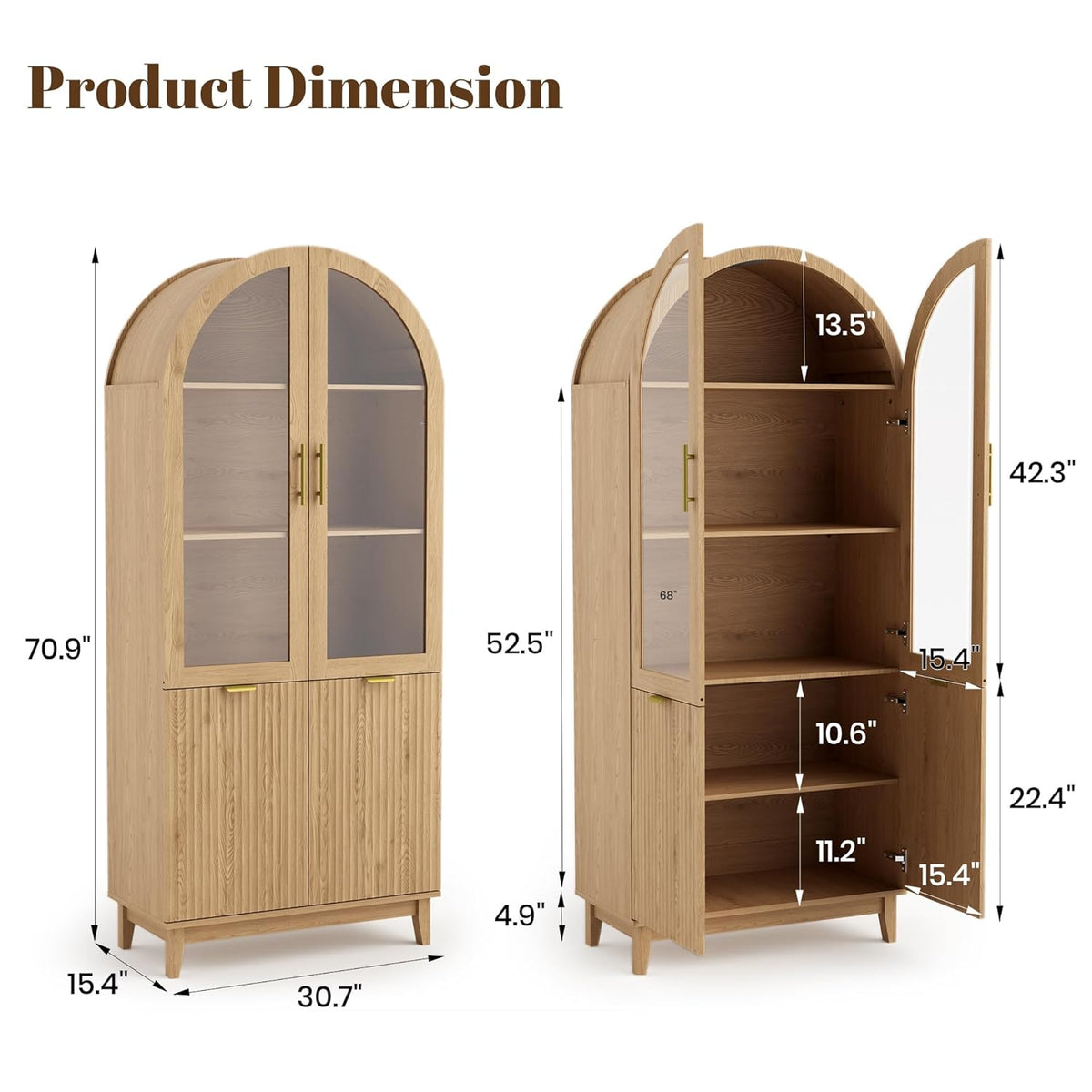 Pamapic 71" Tall Arched Cabinet, Fluted Kitchen Pantry with Glass Doors & Adjustable Shelves, Arch Storage Cabinet, Wooden Pantry for Dining Room, Living Room (Natural)