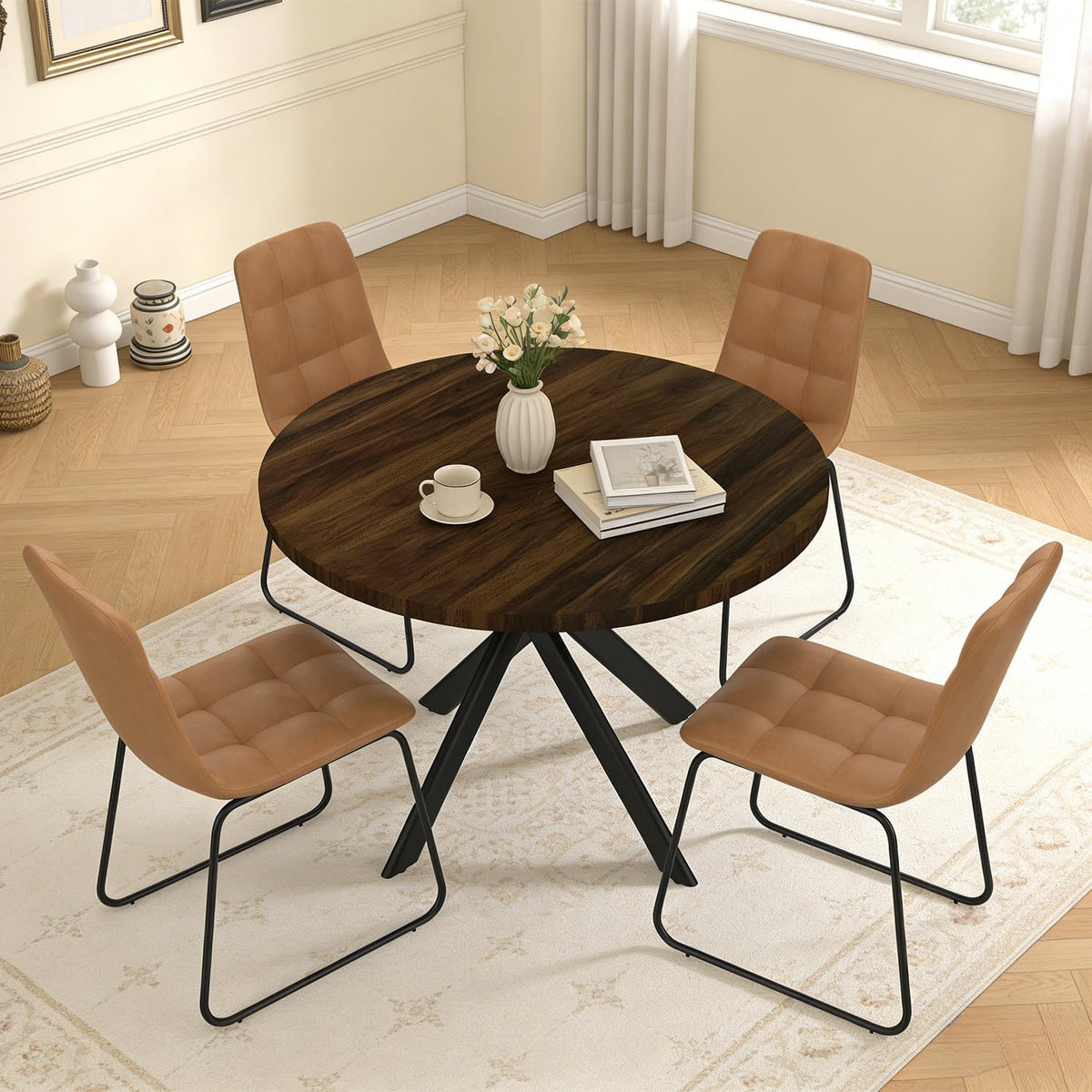 44" Round Dining Table Set for 4, Modern X-Shaped Metal Leg Table | Cushioned Cozy Brown Chairs of 4, Mid-Century Walnut Tabletop, Dinette set for Kitchen, Dining Room & Apartments