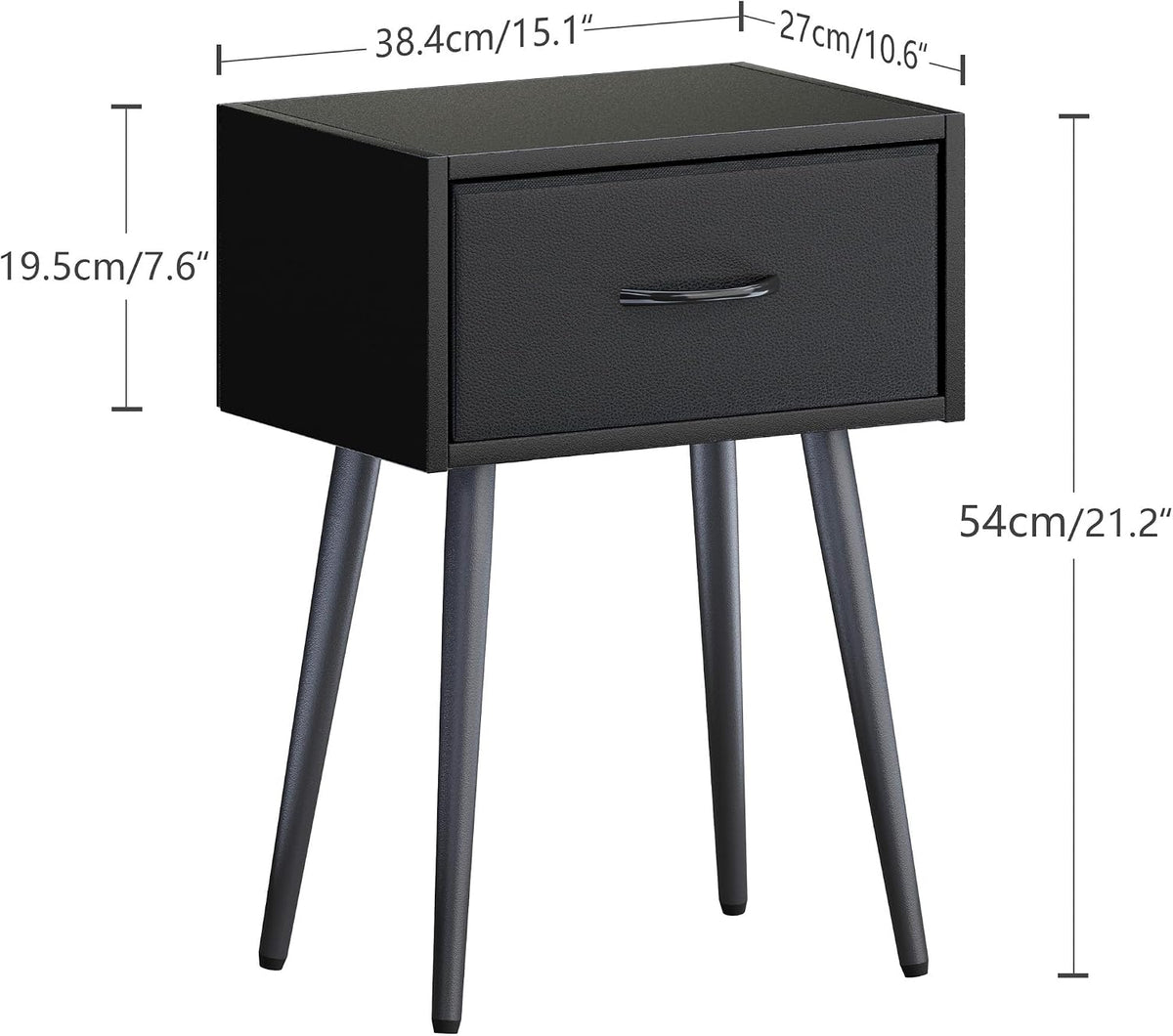 Small Black Nightstands Set of 2, Bedside Table with Fabric Drawer, Modern End Table with Metal Leg, Couch Side Table for Bedroom Living Room, Sofa, Office LNT504B
