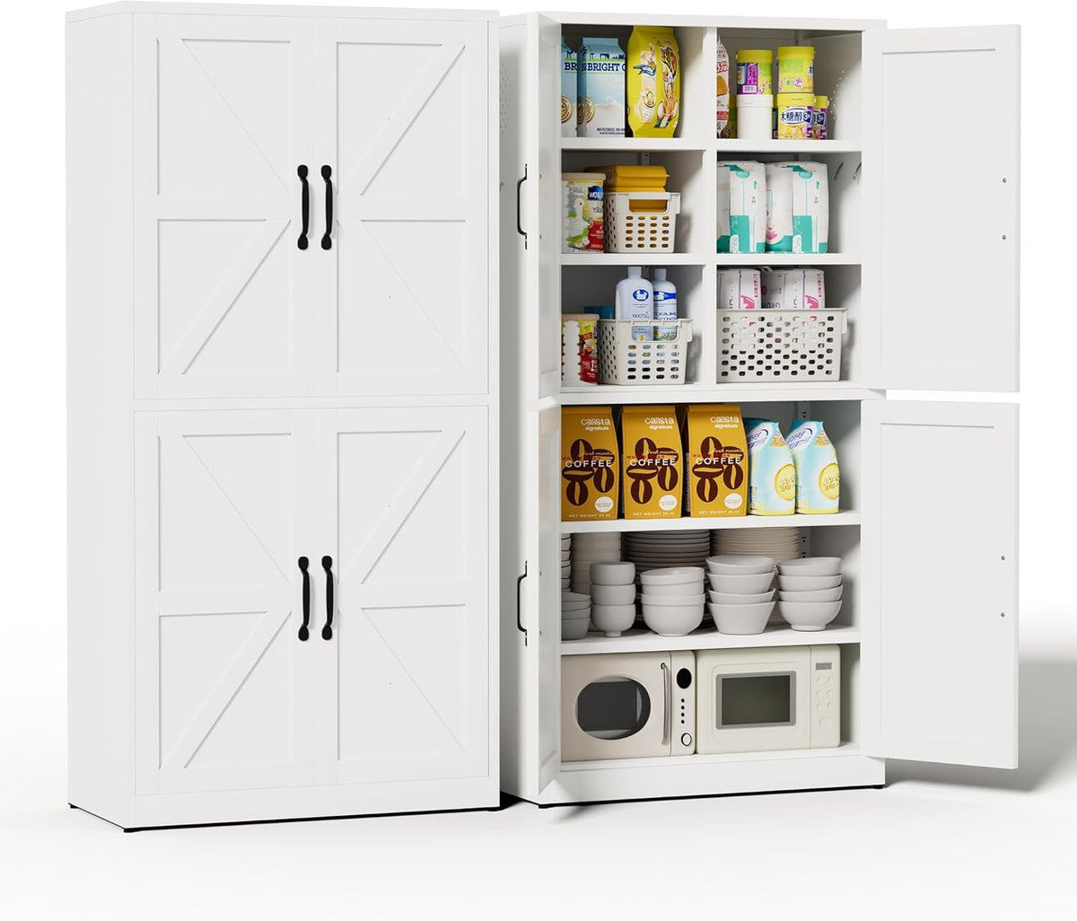 Steel Kitchen Pantry Cabinet with Barn Doors and Adjustable Shelves, Metal Farmhouse Storage Cabinets for Living Room, Bathroom, Kitchen Storage