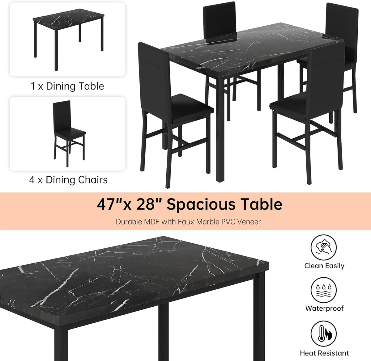 DKLGG 5-Piece Dining Table Set for 4, Faux Marble Kitchen Table Chairs Set of 4 with Upholstered Chairs, Modern Dining Room Table Set for Small Spaces (Black+Black)