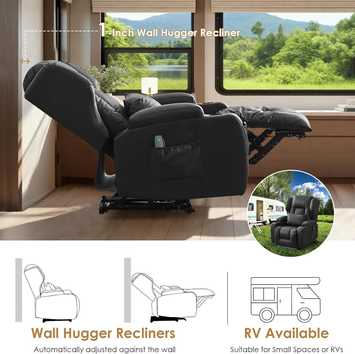 SAMERY Power Recliner Chair, Electric Wall Hugger Recliner Chair Reclining Sofa Home Theater Seating for Living Room with Massage & Heat, USB, LED Lights, Cup Holders, Side Pockets, Lumbar Pillow