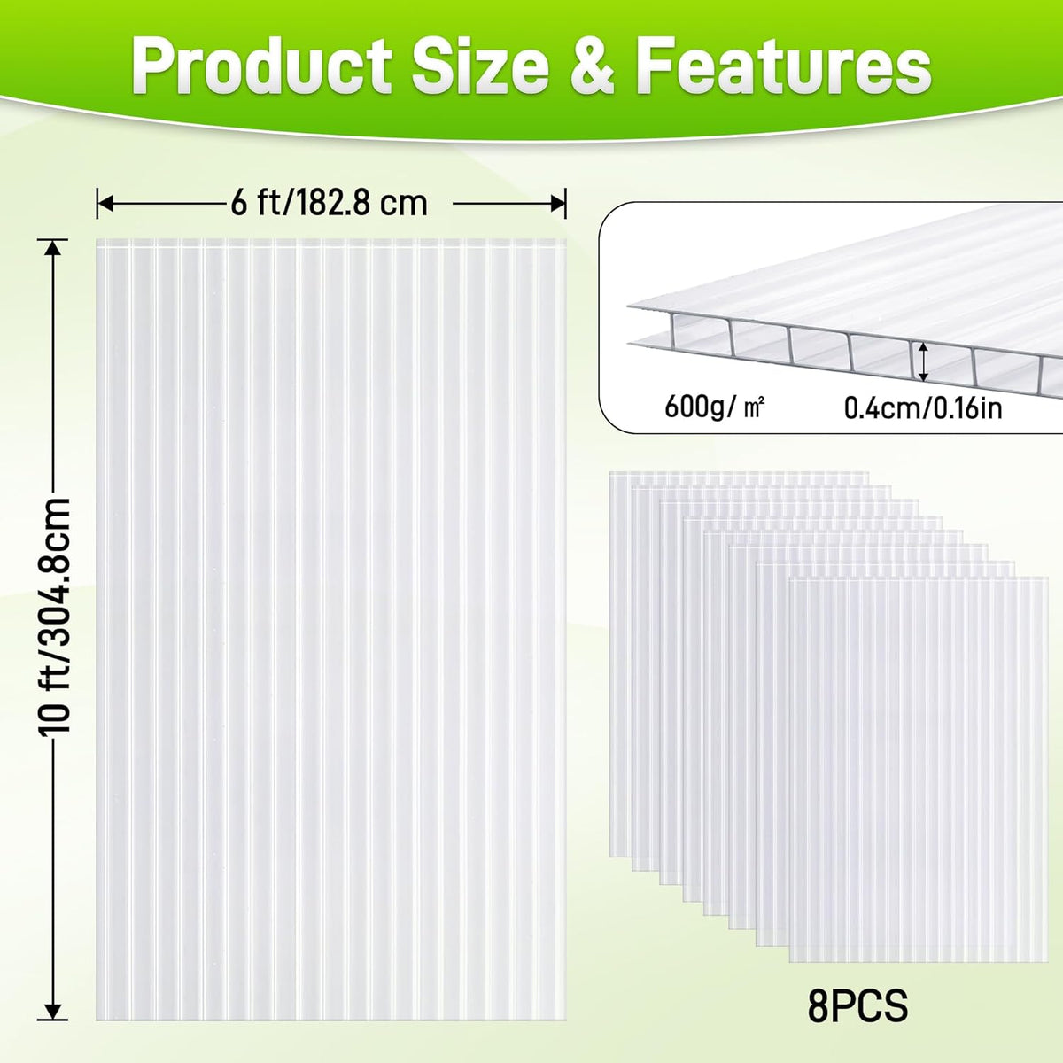 8PCS 10' x 6' x 0.16'' Polycarbonate Greenhouse Panels Sheets, Twin-Wall Roof Panels, Waterproof UV Protected Corrugated Plastic Roof Panels Sheets, Clear Replacement Panels for Greenhouse