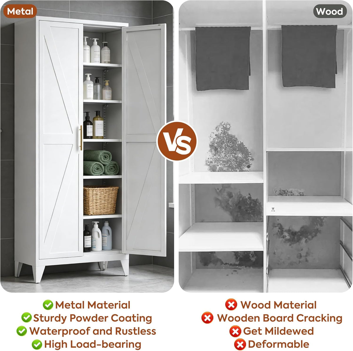 75.3" H Kitchen Pantry Cabinet with 5 Adjustable Shelves, Farmhouse Metal Pantry Cabinet with 2 Doors for Kitchen Home, Assembly Required,White