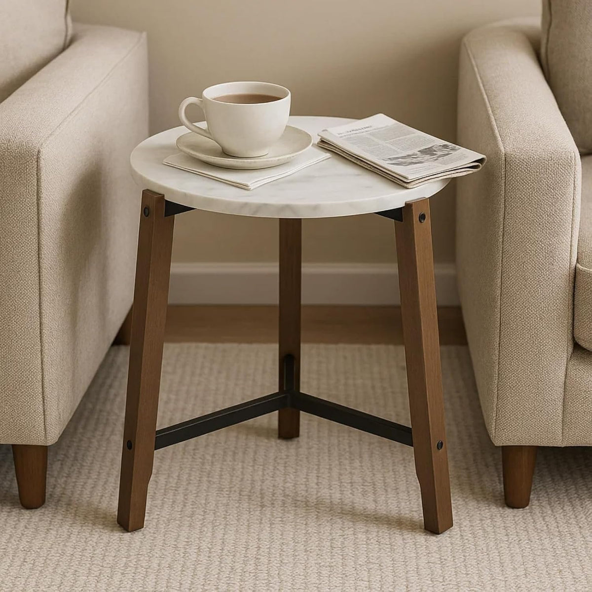 CIMOTA Round Side Table, 22.5" End Accent Table with Solid Wood Leg, White Marble Texture Tabletop, Metal Beam, Round Nightstand for Small Spaces/Living Room/Bedroom, White