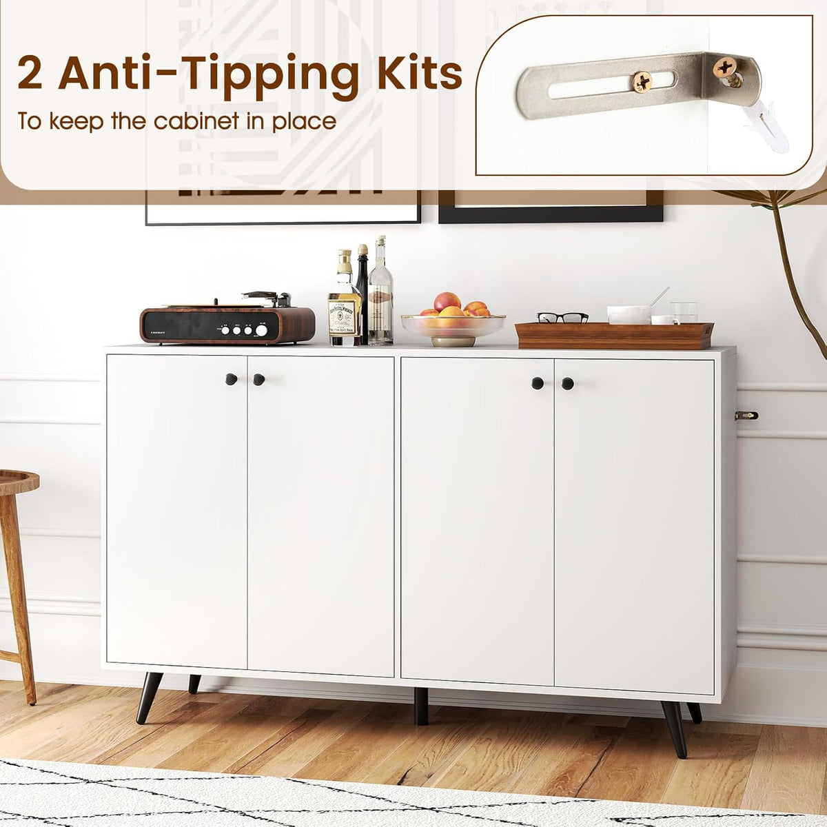 Giantex Sideboard Buffet Cabinet, 50’’ Accent Kitchen Storage Cabinet with 4-Door & 5-Position Adjustable Shelves, Modern White Sideboard with 5 Support Legs, Buffet Table for Coffee Bar, Living Room