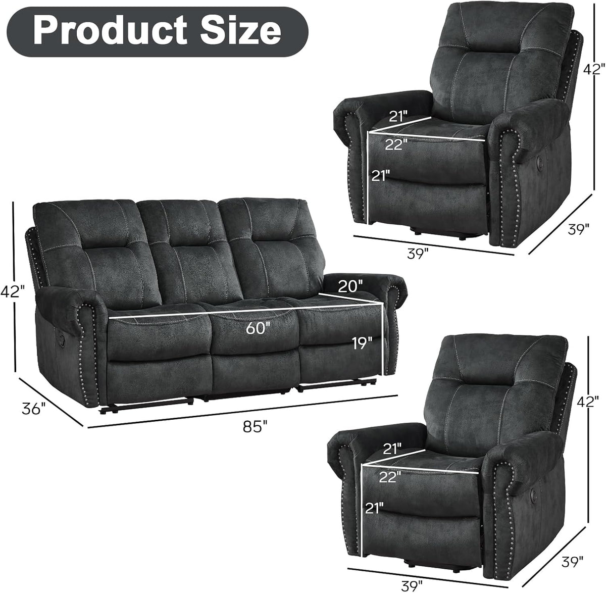 EBELLO 3 Pieces Reclining Couch Furniture Set for Living Room, Double 1 Seat Power Recliner Chair with Massage and Heat, a 3 Seater Manual Sofa, Vintage Rivet Mid-Century Design, Grey