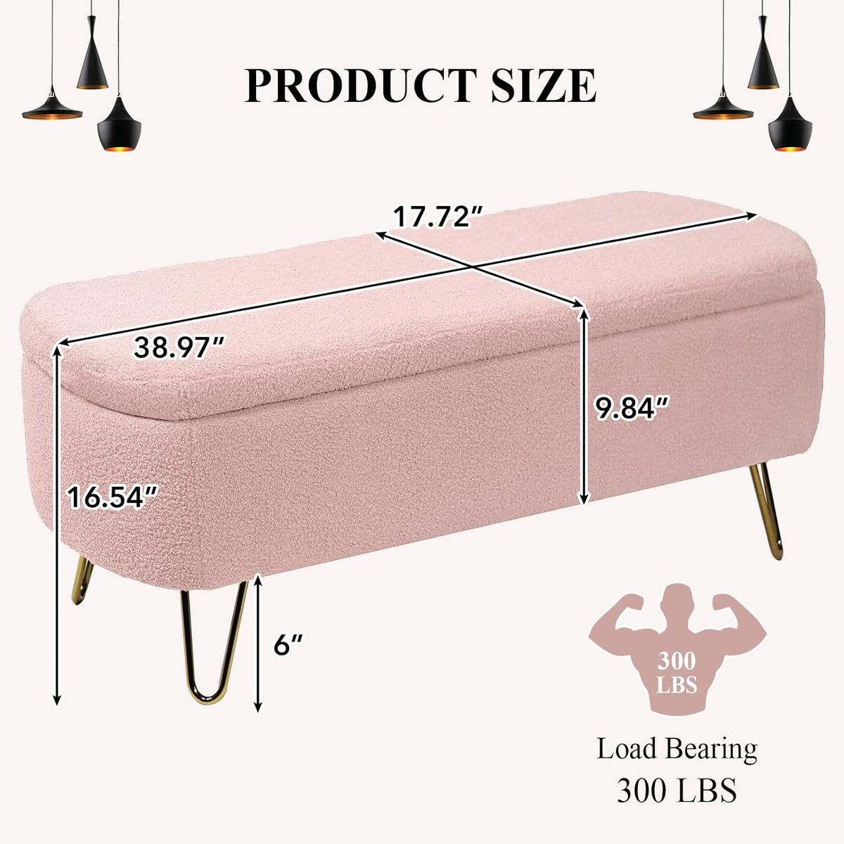 Modern Storage Ottoman Bench, Teddy Upholstered Entryway Bench with Gold Legs, Vintage End of Bed Bench with Safety Hinge, Padded Bench with Storage for Living Room, Bedroom, Entryway (Pink)