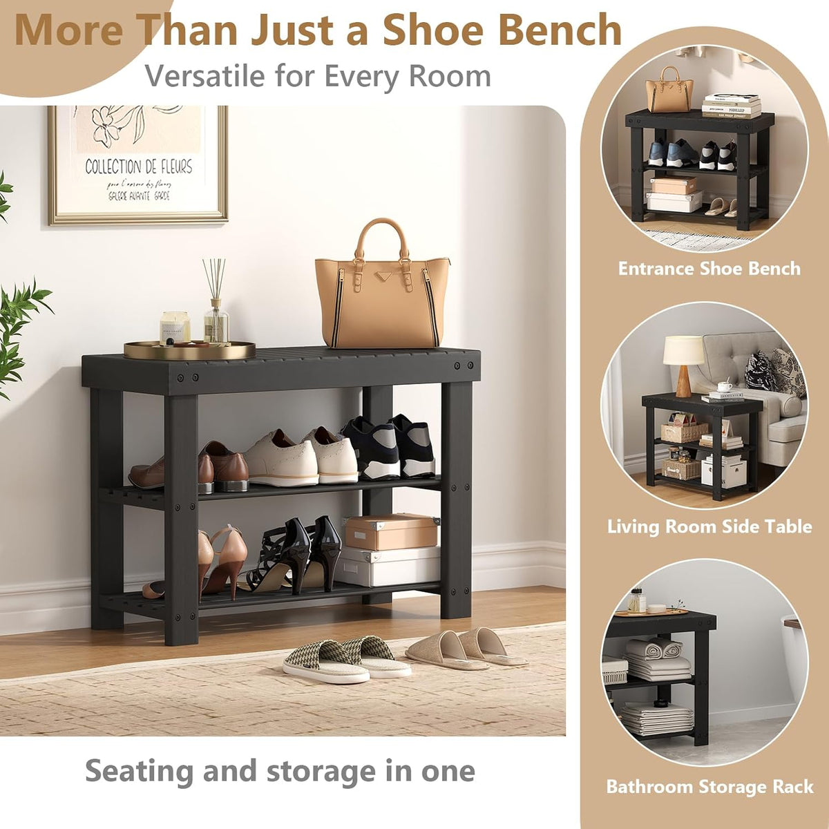 NEWBULIG Shoe Rack Bench, 3-Tier Bamboo Shoe Organizer, Wooden Entryway Storage Bench, 286 lb Load Capacity, 11.2x27.6x17.9 Inches, for Entryway Bathroom Bedroom Balcony, Black