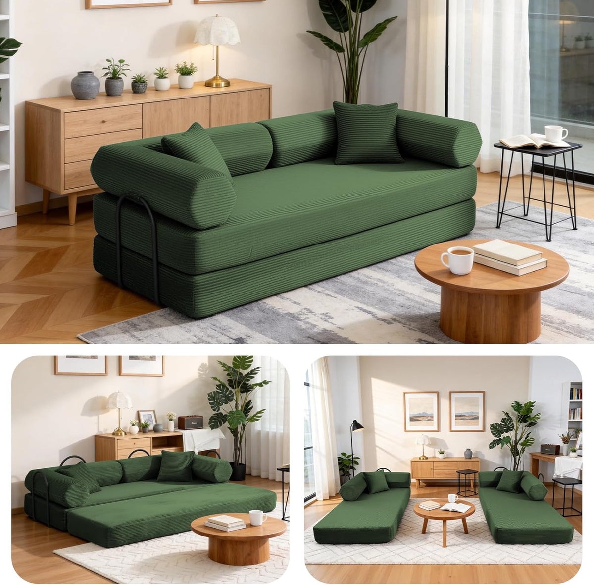 79" Corduroy Sofa Bed, Couch in a Box with 2 Pillows, High-Density Foam 4-in-1 Foldable Sleeper Futon Loveseat for Small Spaces, No Assembly, Side Pockets, Hex Arm Hunter Green