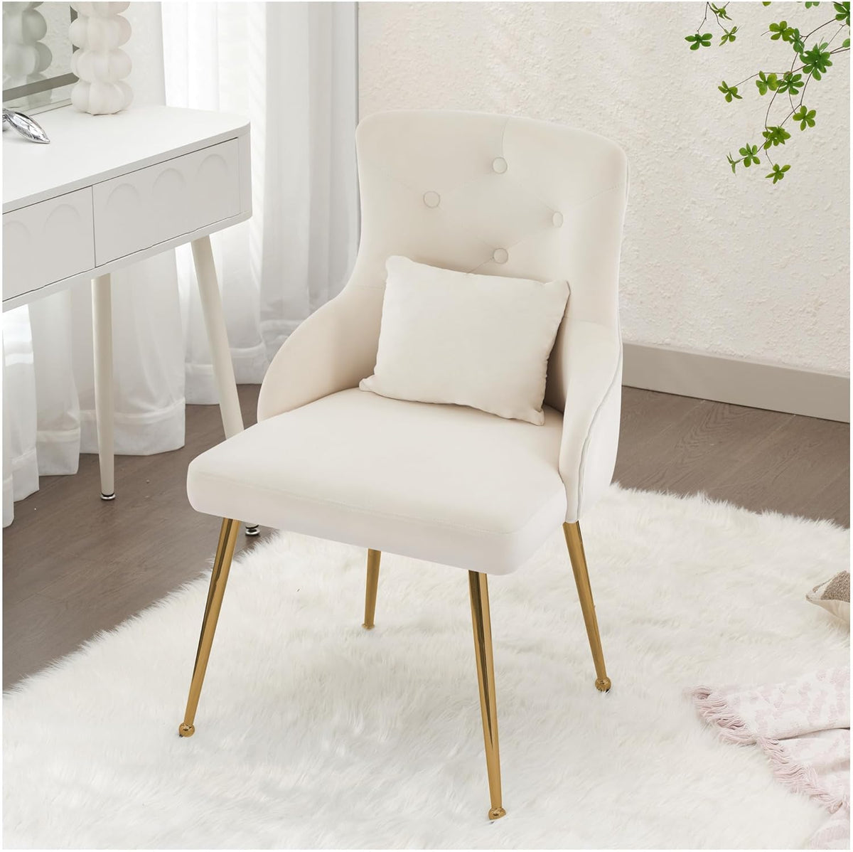 Velvet Vanity Chairs with Back, Upholstered Makeup Chair No Wheels with Metal Legs & Lumbar Pillow for Living Room/Makeup Room/Bedroom/Home Office/Kitchen