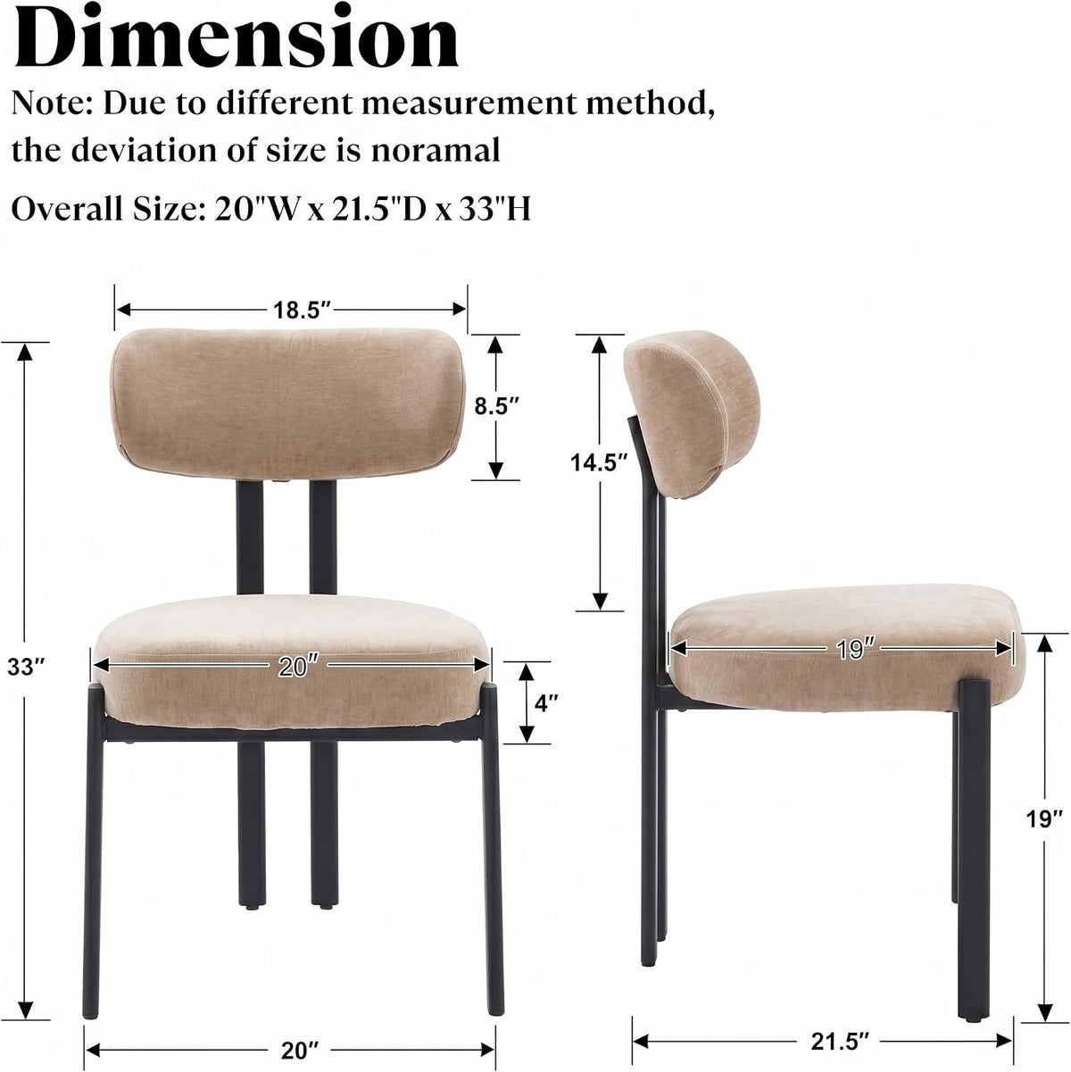 Ya-Home Modern Dining Chairs Set of 2, Chenille Kitchen Chairs, Khaki | Curved Back Upholstered Chairs With Black Metal Legs, Armless Dining Room Chairs Guest Chairs for Restaurant/Home Kitchen