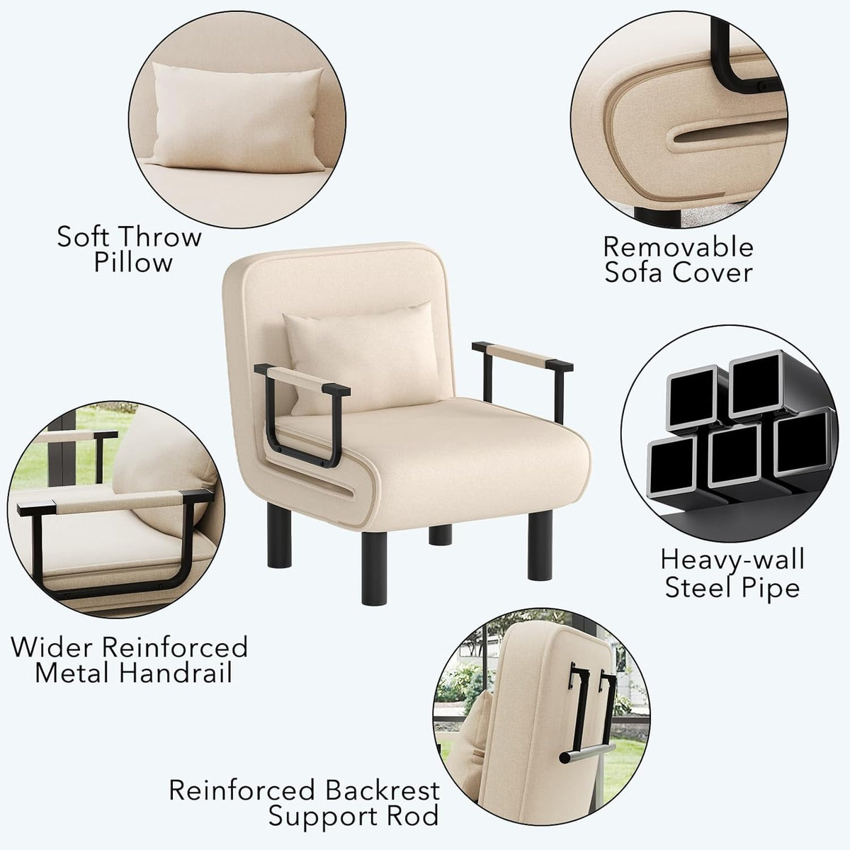 Furniliving 4 in 1 Folding Sofa Bed Chair, Convertible Sleeper Chair Bed with 6-Position Adjustable Backrest, Upholstered Chaise Lounge with Pillow, Accent Chairs for Bedroom, Linen, Beige