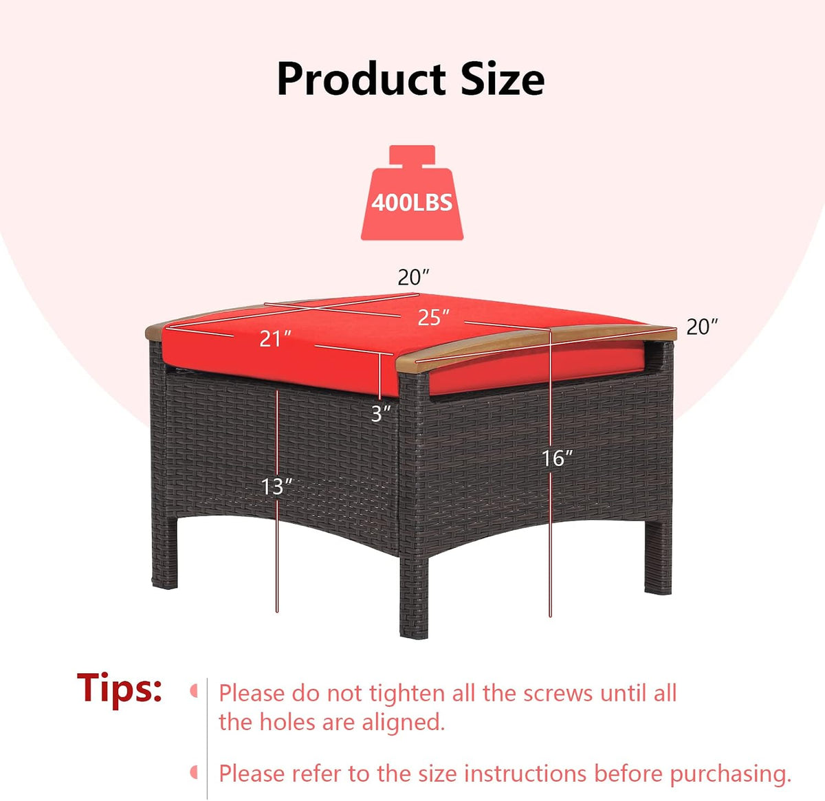 RELAX4LIFE Outdoor Wicker Ottomans for Patio - 2 Pieces PE Rattan Ottoman, Footrest Seat with Zippered Cushions, Acacia Wood Handles, 3-in-1 Footstool, Side Table for Poolside, Backyard (Red)