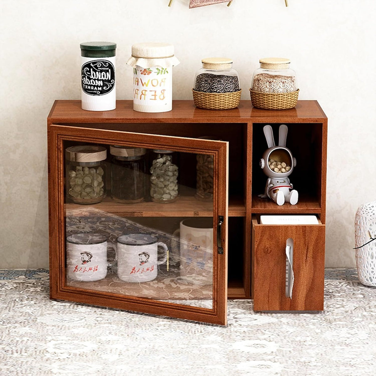 Gdrasuya10 Wooden Countertop Storage Cabinet Kitchen Small Pantry, Kitchen Countertop Organization Storage Shelf Pantry with Door Tabletop Countertop Spice Rack for Dishs, Cups, Bowls