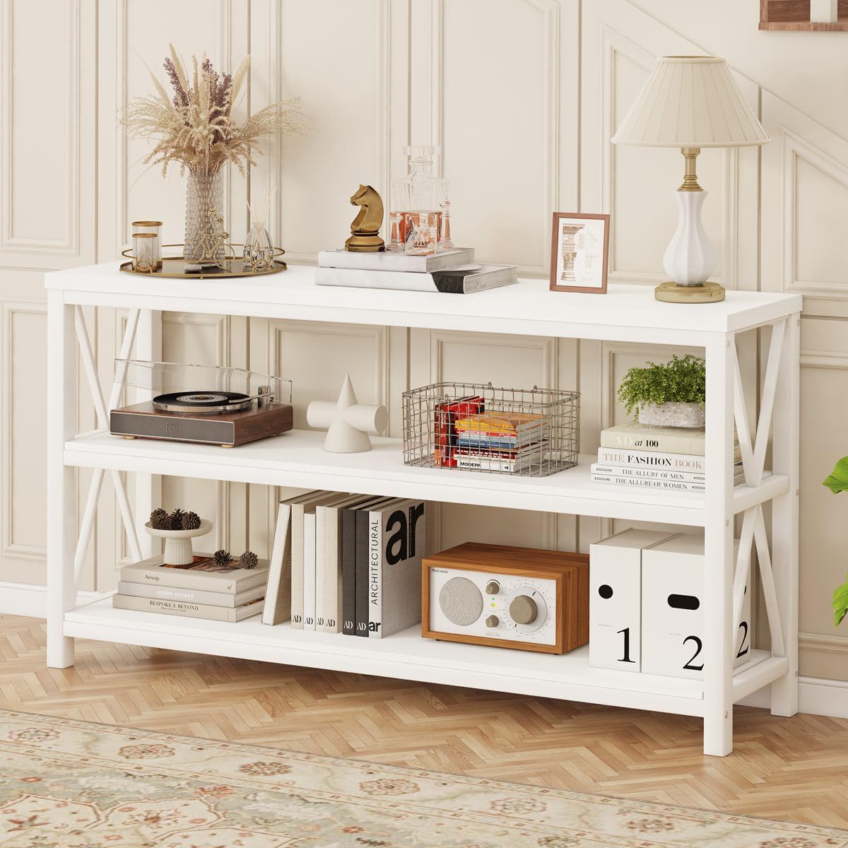 FATORRI Console Table for Entryway, Long Sofa Table with 3 Tier Shelves, Modern White Hallway Tables for Living Room (55 Inch, White Oak)