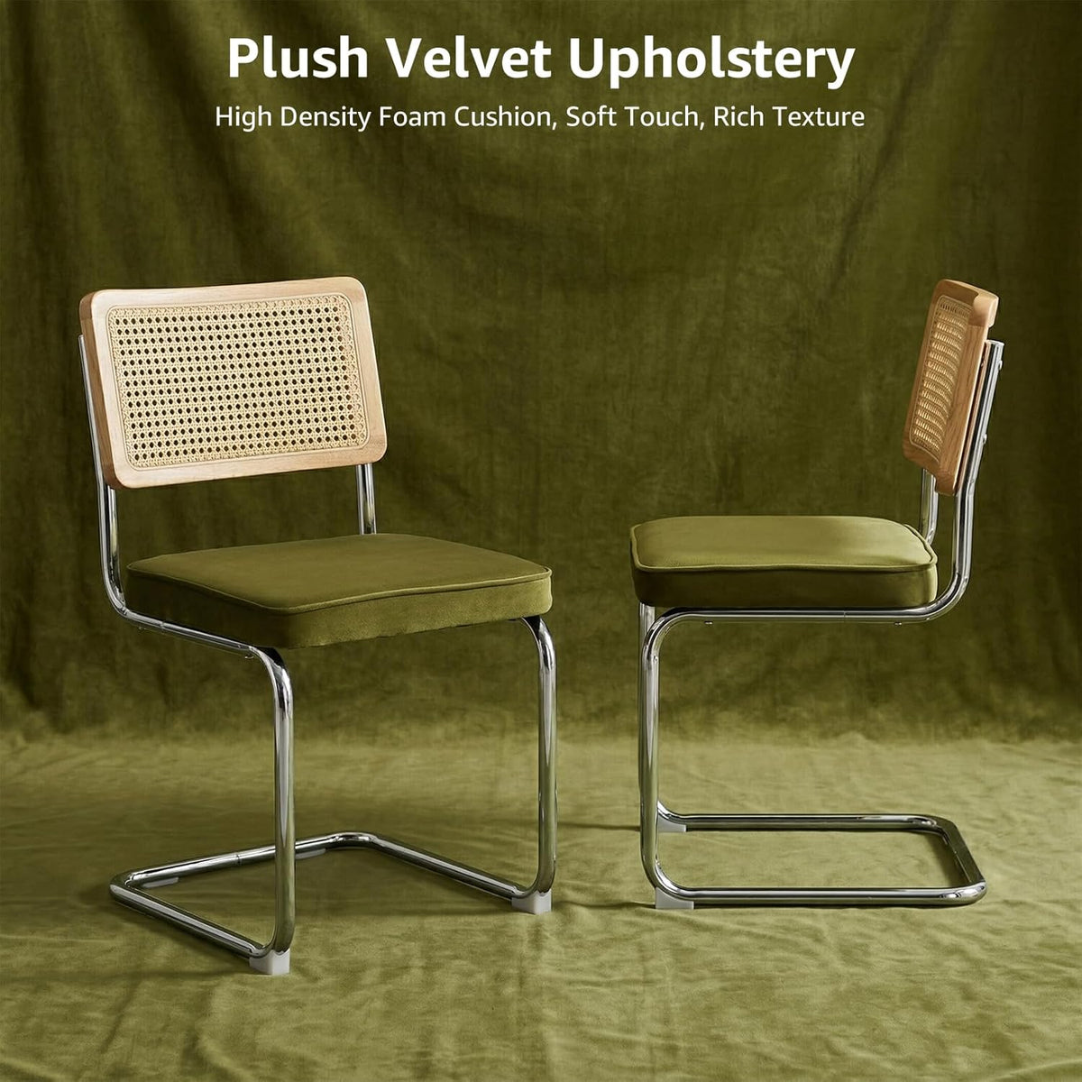 Rattan Dining Chairs Set of 4, Mid-Century Modern Dining Room Chairs with Cane Back, Velvet Upholstered Seat & Chrome Cantilever Frame, Sillas de Comedor, Kitchen & Dining Room Chairs (Green)