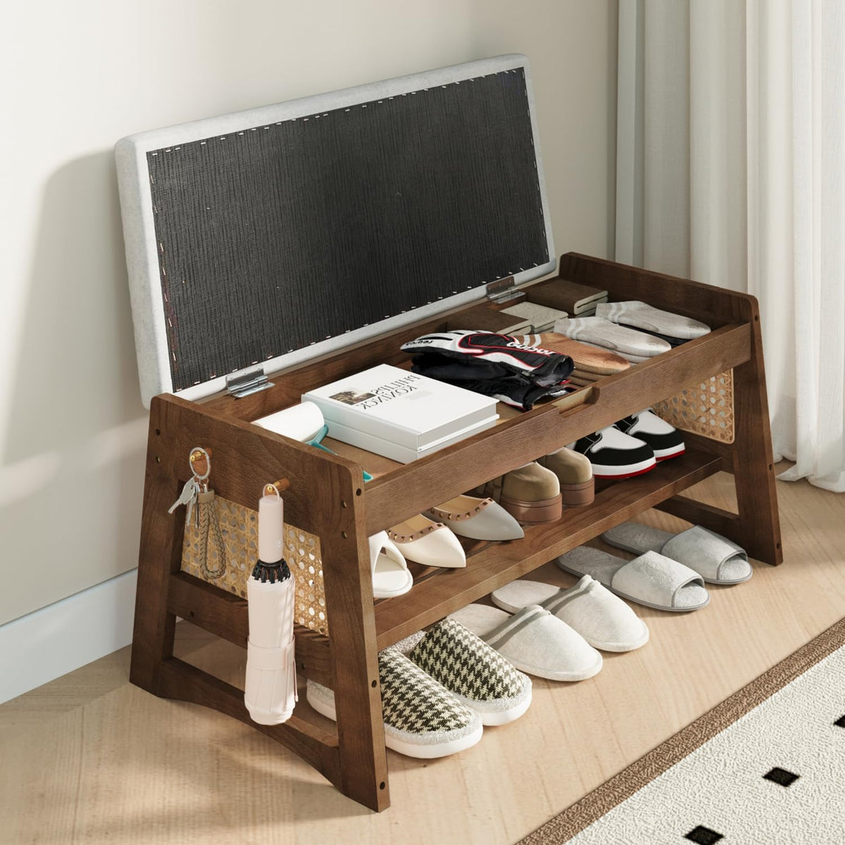 Shoe Rack Bench with Flip-Top Storage, 27.6" W x 15.7" H Solid Wood Entryway Bench Shoe Organizer with Cushion Side Hooks for Front Door Entrance Hallway Foyer Closet Living Room Bedroom