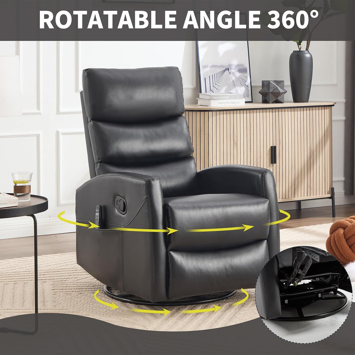 Rocker Recliner Chairs, 360° Swivel Rocking Recliner Chair for Adults,Glider Rocker Recliners, Small Recliners with Vibration Massage and Heat for Living Room (Black)