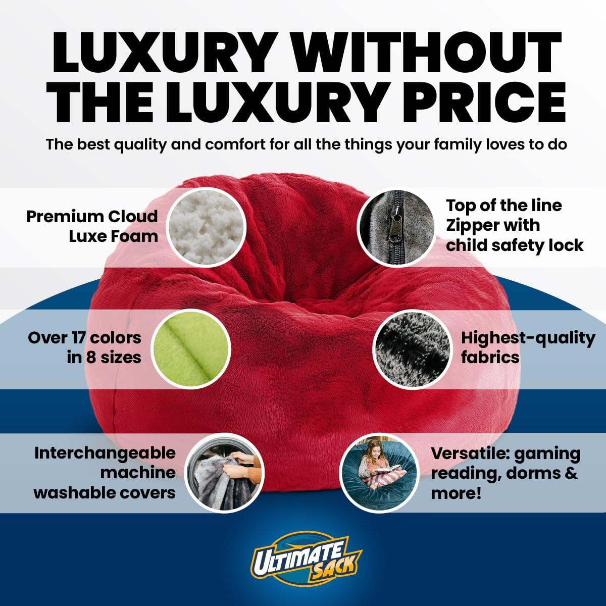 Ultimate Sack 5000 5-Foot Bean Bag Chair, Cloud Fur Cover – Oversized Foam Lounger, Floor Seat, Small Sofa, or Couch Bed for Living Area, Gaming Room, or Reading Lounge