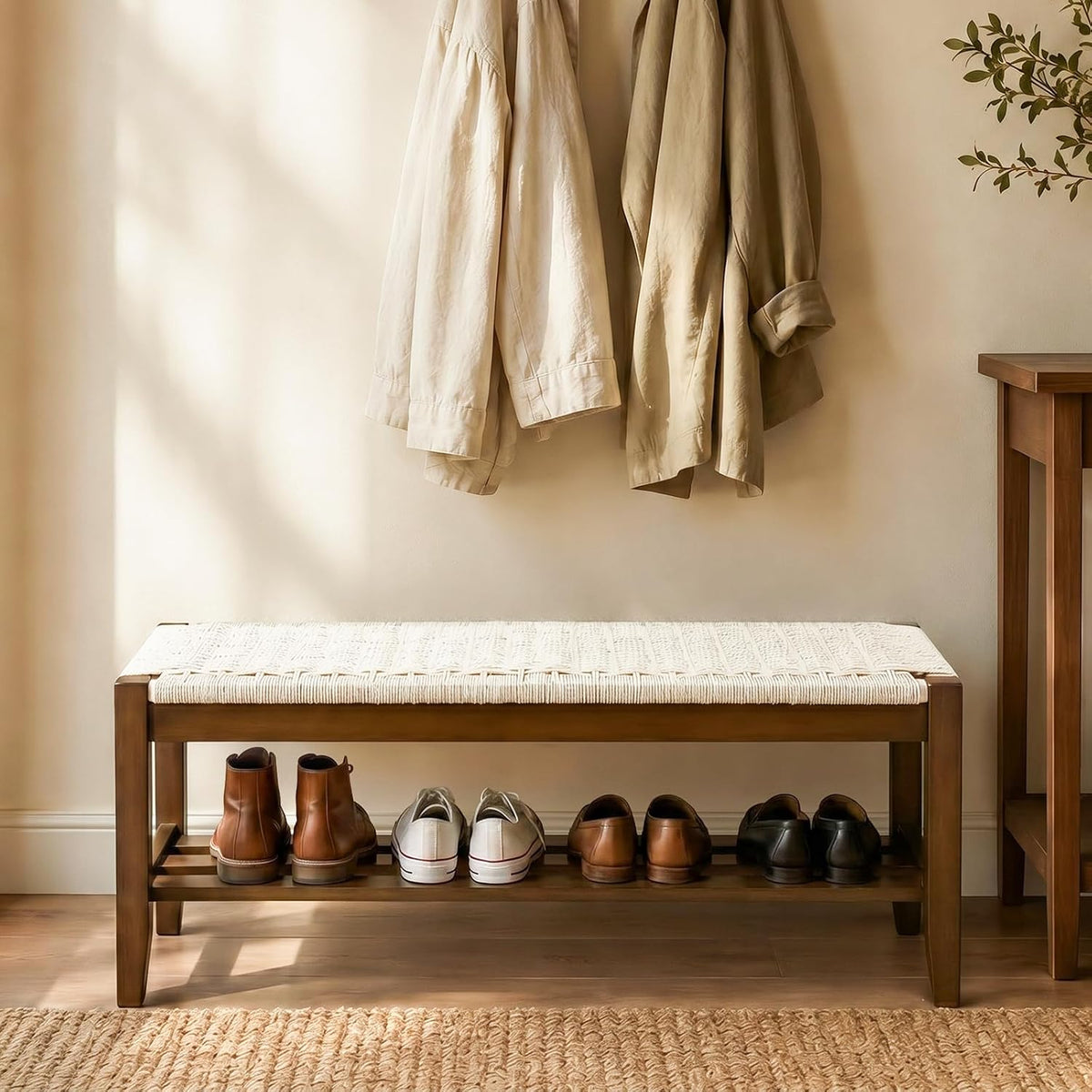 VINGLI Boho Storage Bench, Rattan Entryway Bench with Natural Woven Seat & Wood Frame, Dining Wicker Bench Indoor Bedroom Bench for End of Bed, Dining Room, Living Room and Hallway, Walnut, 39.8 Inch
