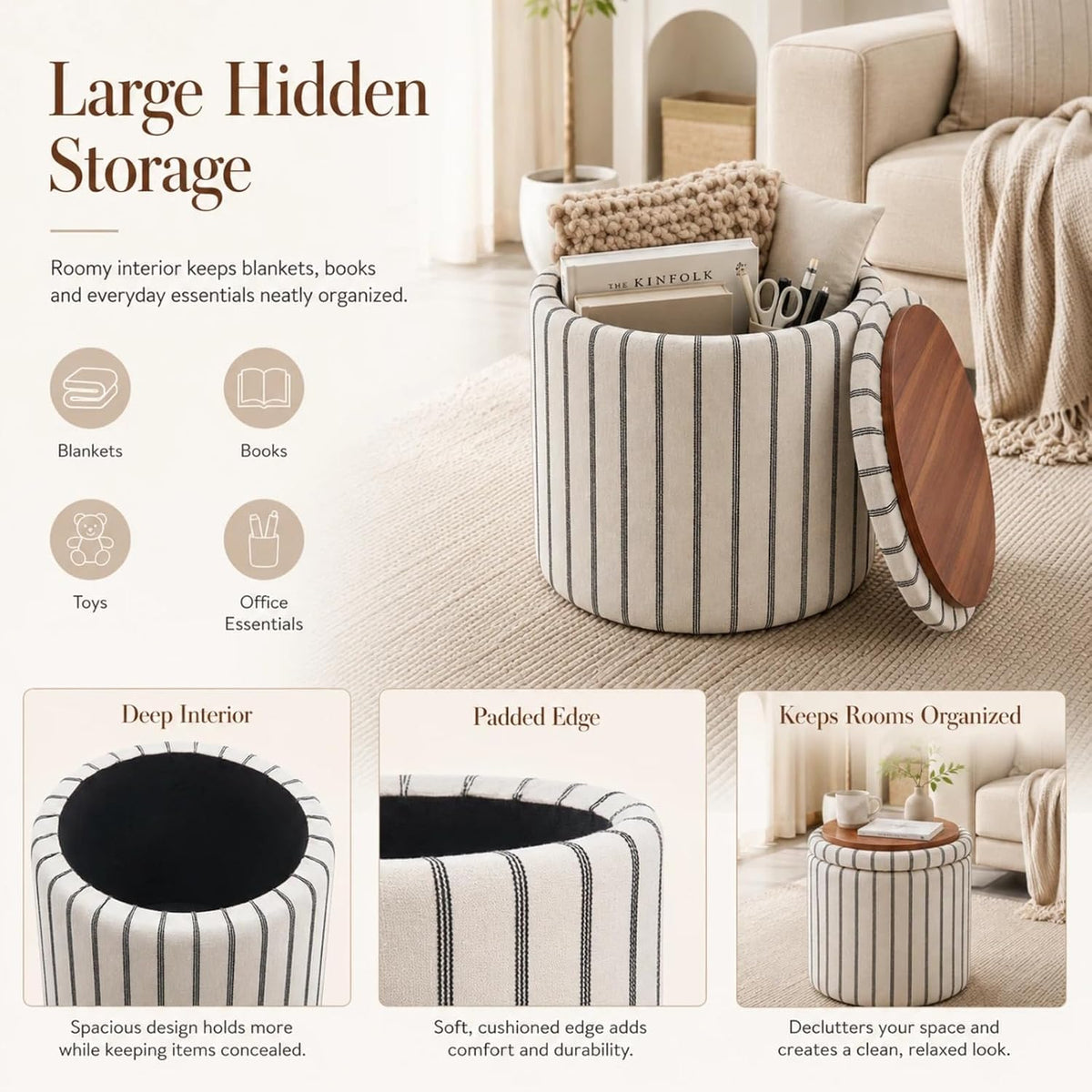 Wimarsbon 18inch Storage Ottoman with Detachable Tray, Mid Century Large Capacity Oversized Ottomans, Multifunctional Small Center End Tables, Suitable for Modern Home Styles (Round)