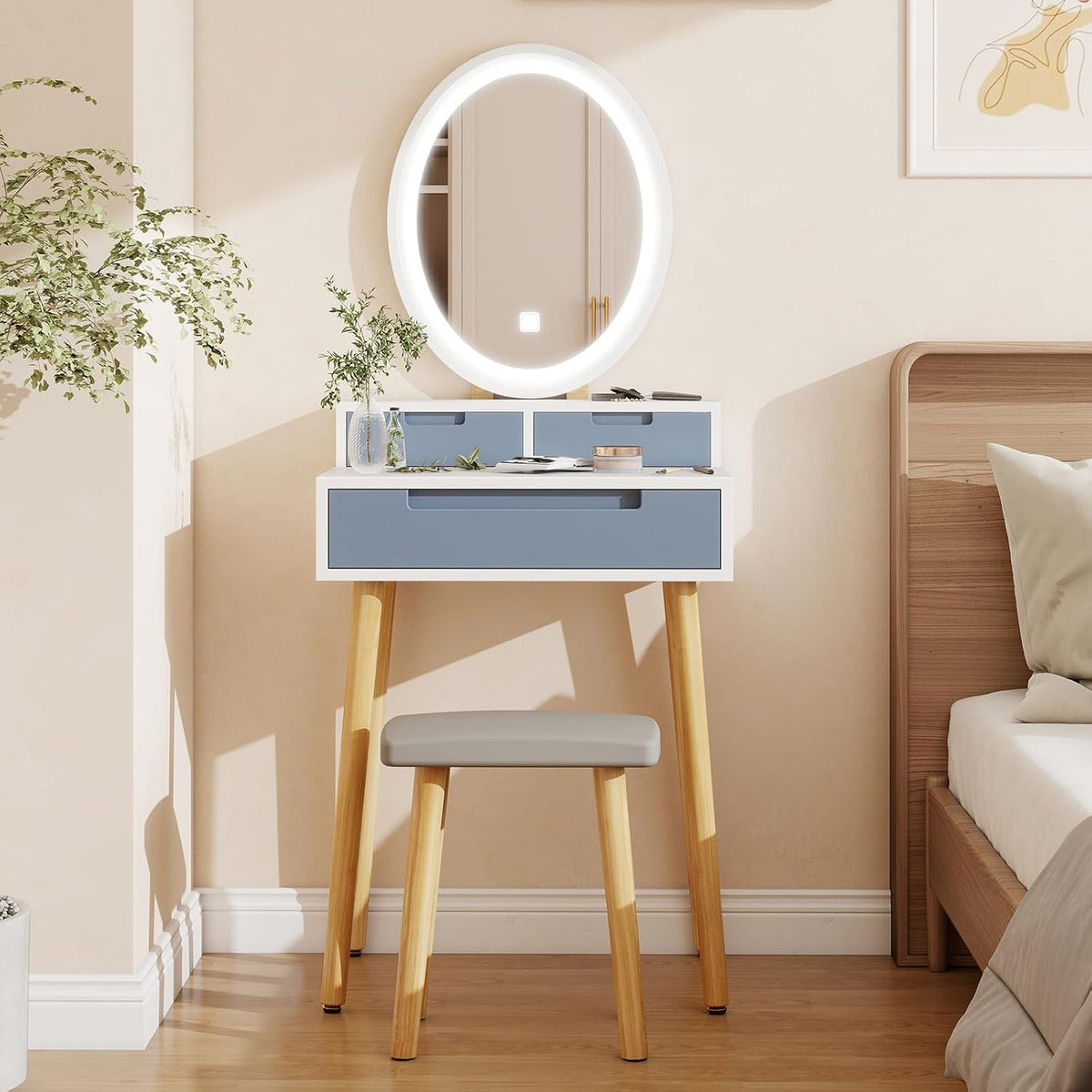 YOURLITE Small Makeup Vanity Desk with Mirror and Lights | Compact Vanity, 3 Lighting Modes, Adjustable Brightness, 3 Drawers, Cushioned Stool