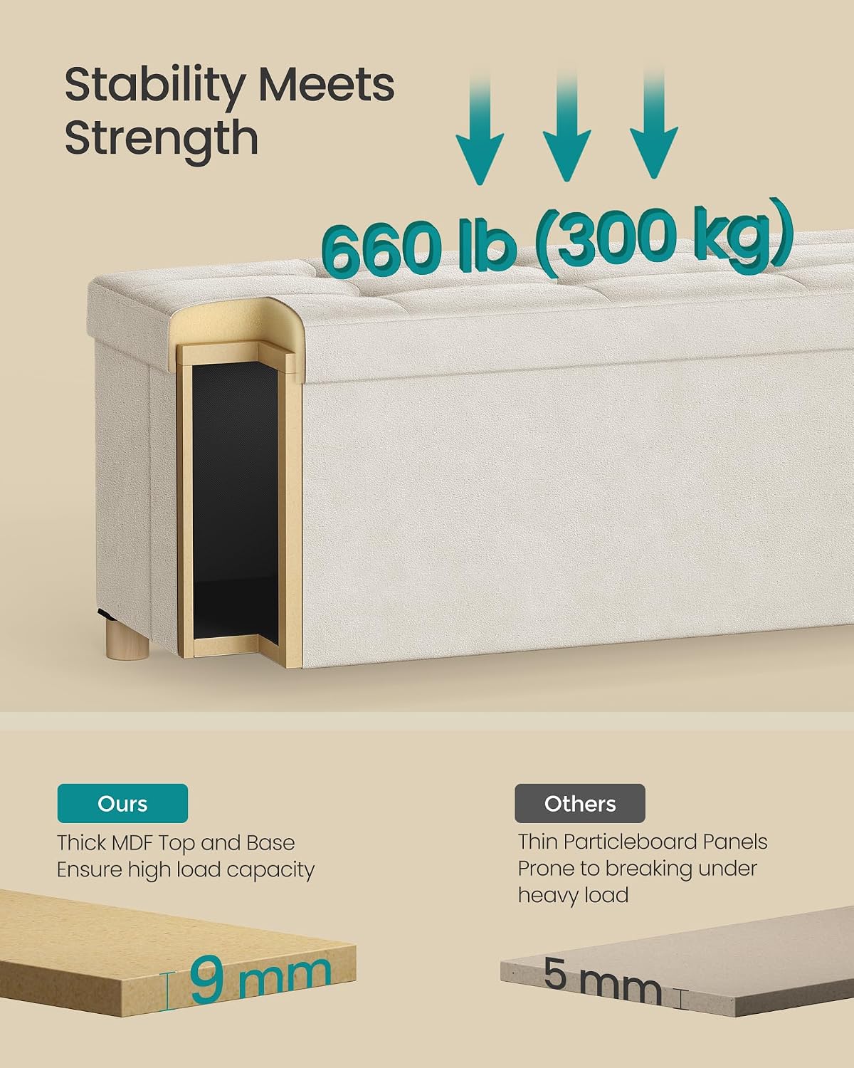 SONGMICS Storage Ottoman Bench with Legs, 43.3 Inches, 30 Gal. (112 L) | Bench with Legs, Velvet, for Living Room, Entryway, Cappuccino Beige and Ink Black, MELISA Collection ULSF0518W02