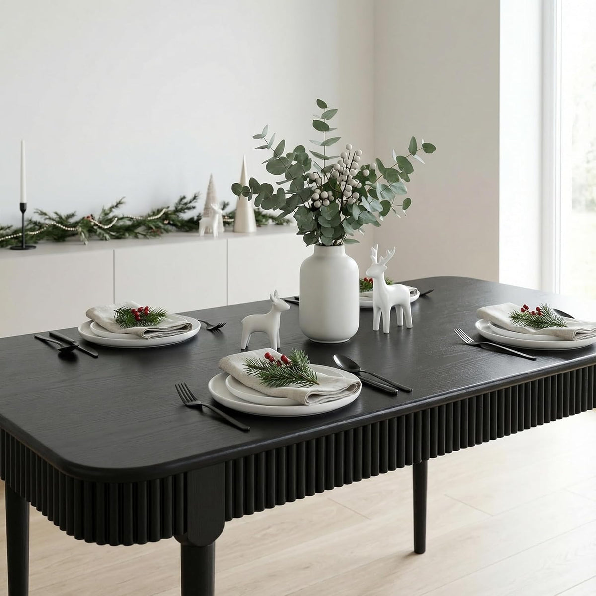 LukeAlon 63-inch Solid Wood Dining Table for 4-6, Mid-Century Modern Kitchen Table, Farmhouse Dining Table for Kitchen, Dining Room, Living Room, Large Tabletop, Black