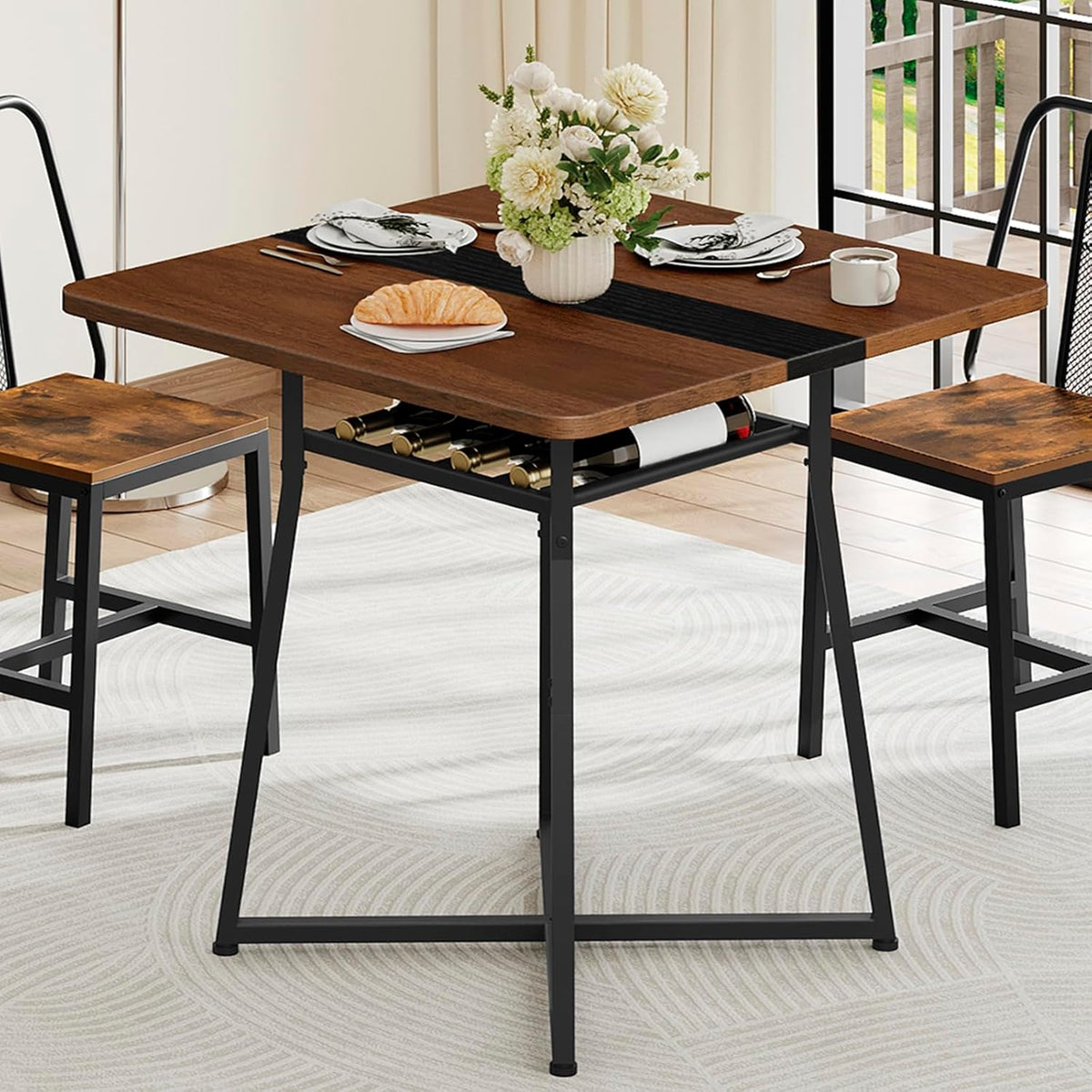 YATINEY Dining Table, 29.5'' Kitchen Table, Dining Room Table with Wine Rack, Versatile Small Dining Table, Easy Assembly, for Restaurant, Cafe, Apartment, Black and Walnut CZ02BH