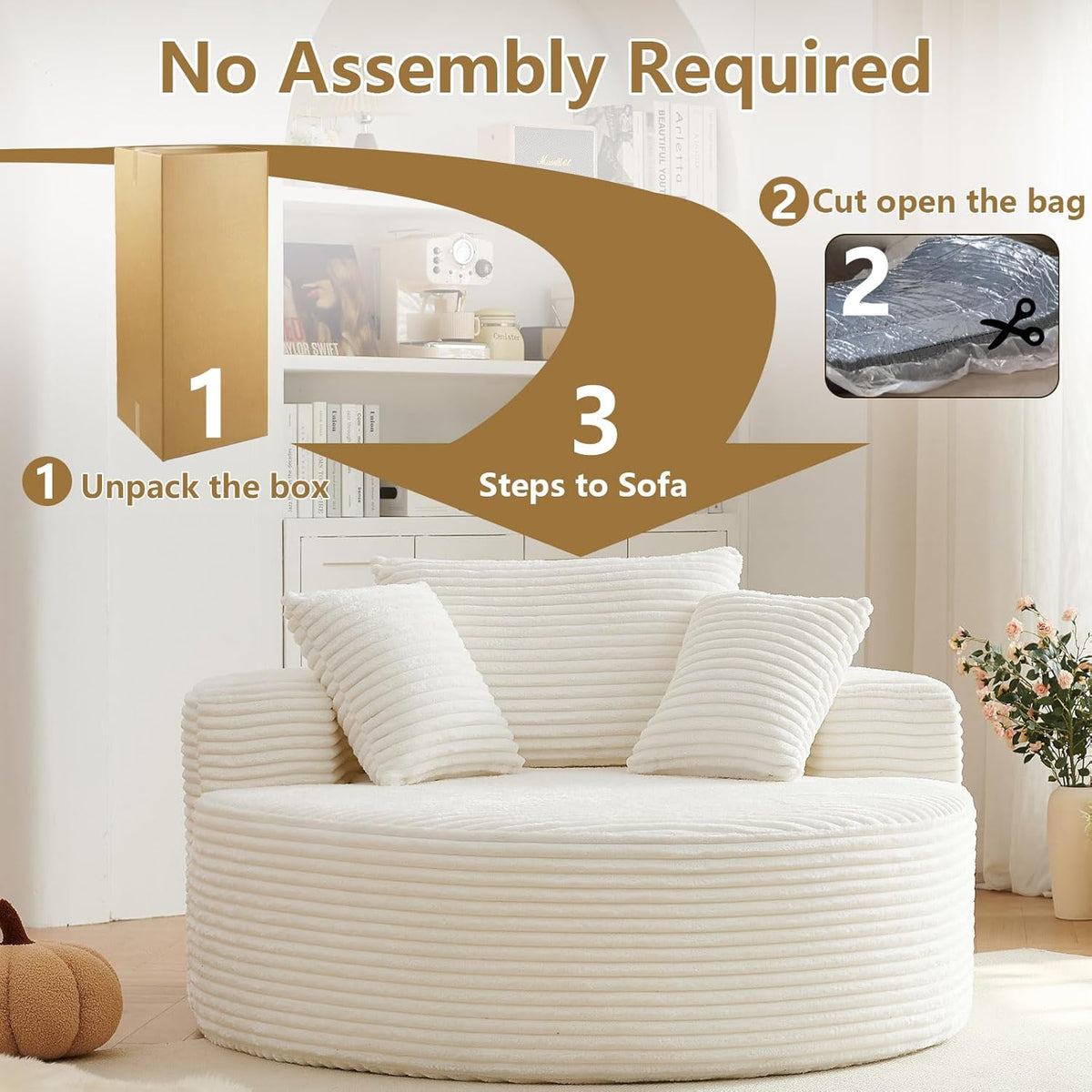 55''L Oversized Round Chaise Longue Chair Indoor, Corduroy Sponge Single Sofa, Oversized Round Chairs, Modern Sleeper Chair for Living Room,Projection Room, Wide Armrest Chairs Beige
