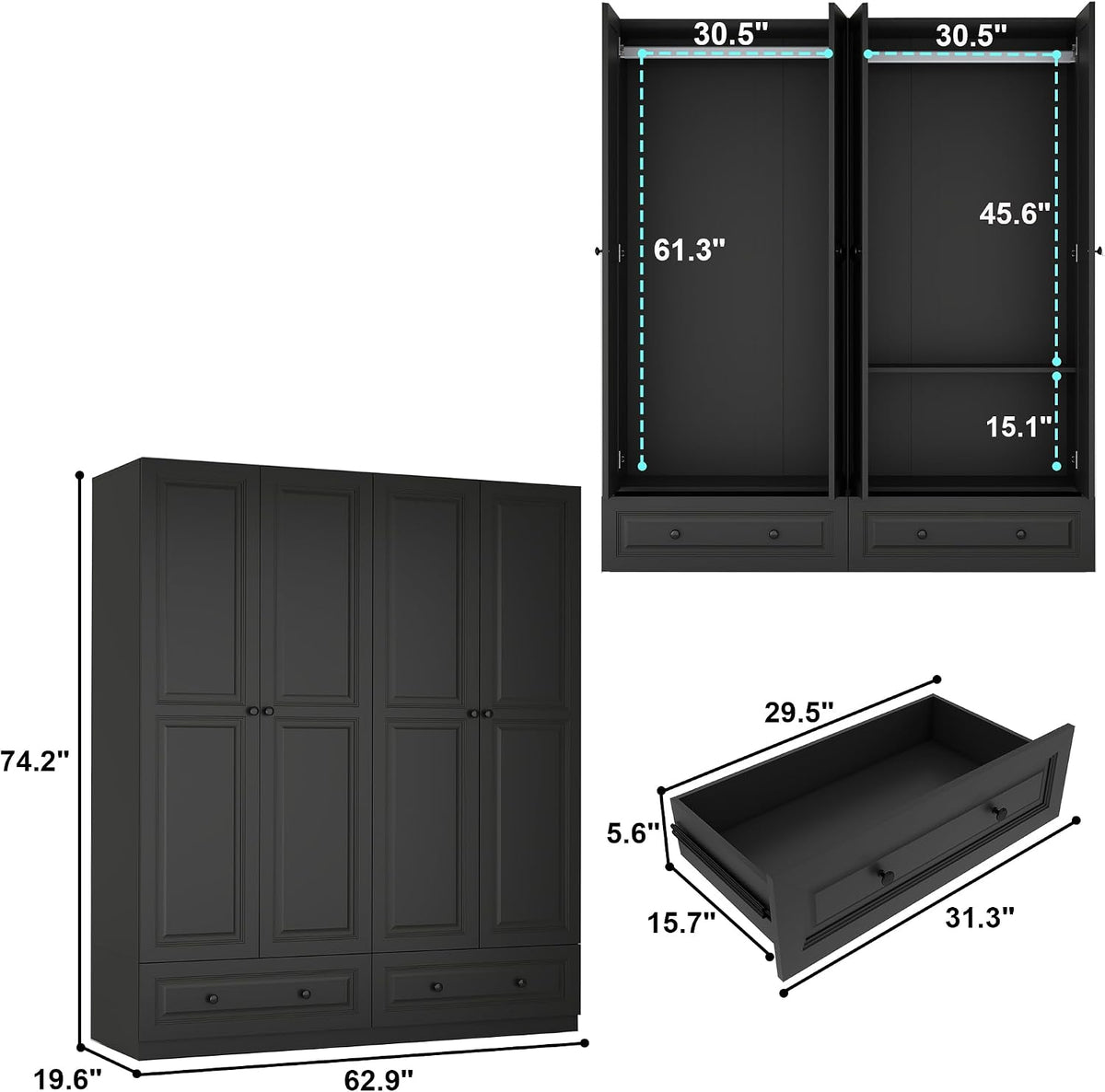 Armoire Wardrobe Closet with Drawer: Bedroom Wardrobe Closet for Hanging Clothes, Wood Cabinet for Clothes with Doors, Armoire with Shelves (Black, 63")