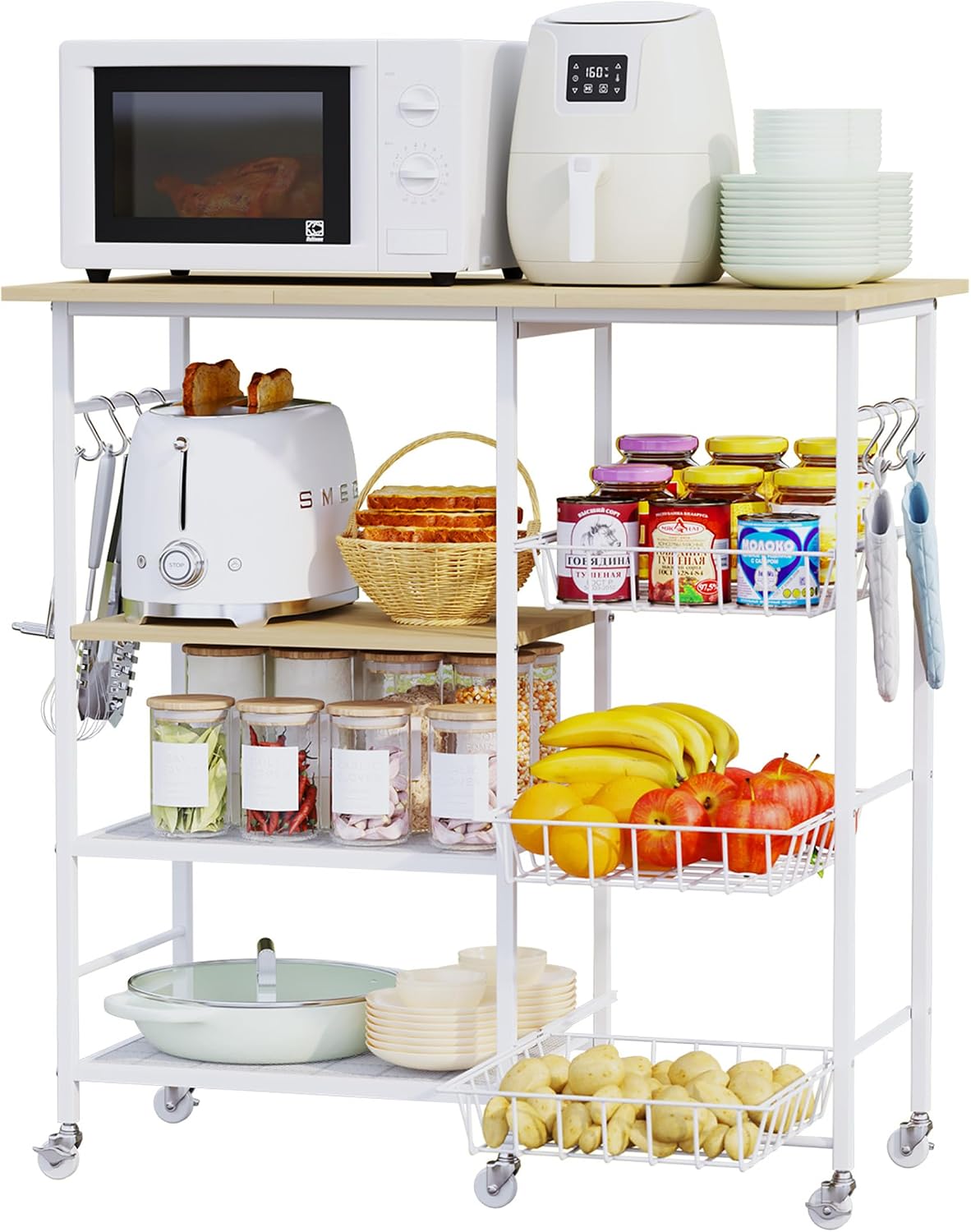 HapiRm Rolling Kitchen Microwave Cart - 4 Tier Microwave Table Stand with Pull-Out Baskets, Coffee Bar Baker's Rack with Wheels Rolling Storage Cart Organizer Shelf for Living Room Office, Balcony