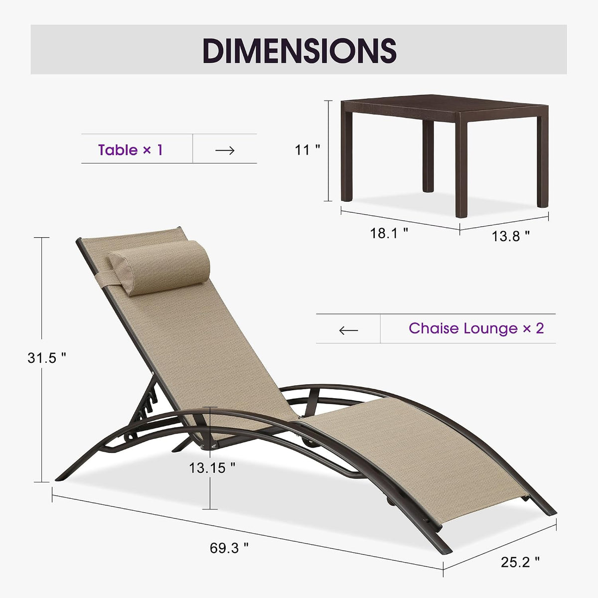 PURPLE LEAF Pool Chaise Lounge Set of 3 Bronze Aluminum Chair, Pebble Gray | 2 Chaise + 1 Table, UV Textilene Fades Less, S-Curve Backrest with Arm, 5 Recline Angles, Adjustable Headrest, Stackable