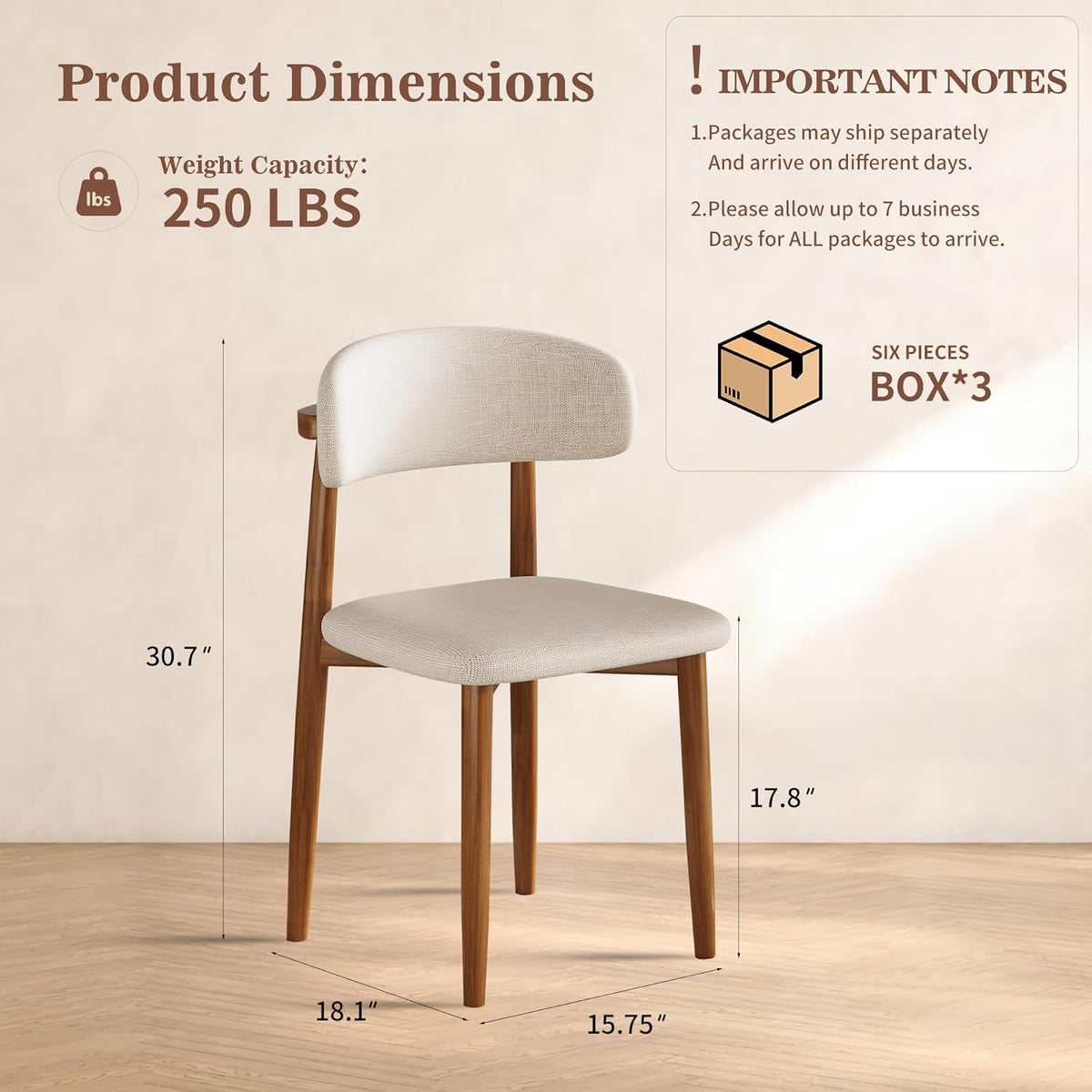 Dining Chairs Set of 6, Upholstered Wooden Dining Chairs, Mid Century Modern Fabric Kitchen Side Chairs with Ergonomic Curved Backrest, Farmhouse Chair for Kitchen Dining Room-Beige