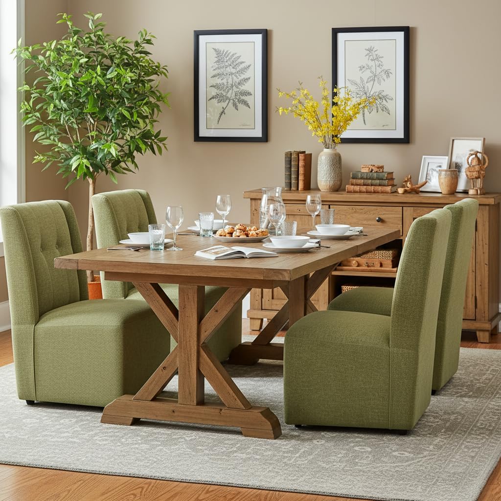 Rolling Dining Chair with Casters, Modern Upholstered Armless High Back Swivel Chair on Wheels for Dining Room, Kitchen, Living Room (Green)