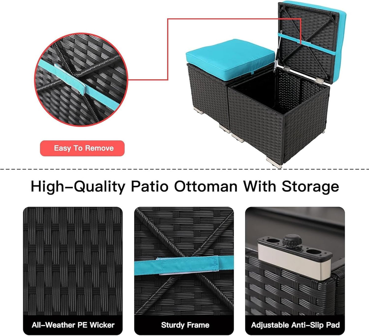 2 Wicker Ottomans, Multipurpose Outdoor Patio Ottoman Furniture, Additional Seating & Footrest, Outdoor Patio Storage Seating with Removable Cushions for Patio, Backyard (Blue)