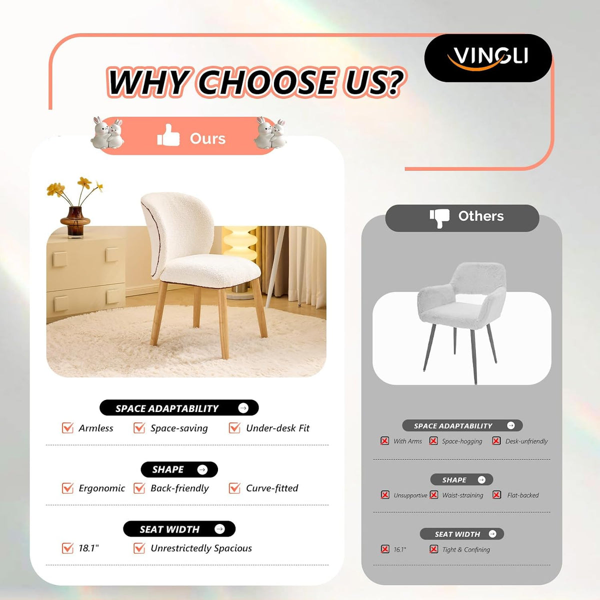 VINGLI Chenille Curved-Back Armless No Wheels Vanity Chair for Girls, Cute & Furry Upholstered Desk Chair with Solid Wood Legs for Study/Makeup/Bedroom/Dressing, Fluffy Makeup Chair for Teens, White