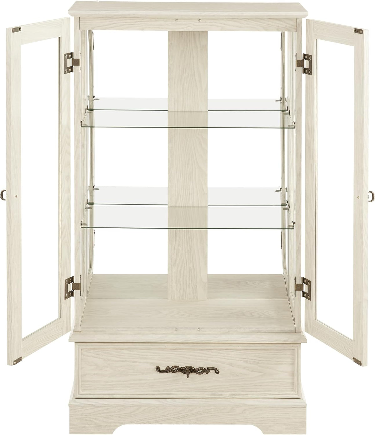47" H Lighted Curio Cabinet Display Case, Glass Case with Adjustable Shelves,Tempered Glass Door and Drawer, Wooden Curio Cabinet with Mirrored Back Pane for Living Room (Antique White)