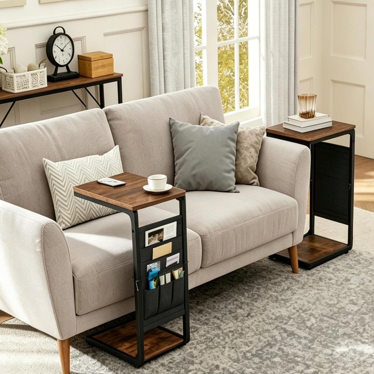Wood Pedestal Couch End Tables Set of 2, TV Trays for Eating on Couch Tables that Slide Under, Dinner Snack Coffee Sofa C Shaped Side Table, Small Stand TV Tray for Couches Living Room, Brown ET-P-BR2