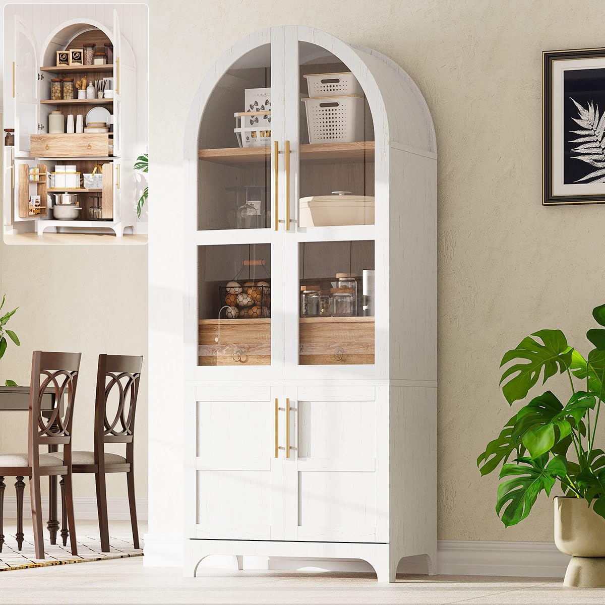 71" Tall Storage Cabinet with Arched Glass Doors, Pantry Cabinet with Solid Doors & Adjustable Shelves, Freestanding Kitchen Display Cabinet for Dining Room, Living Room (White)
