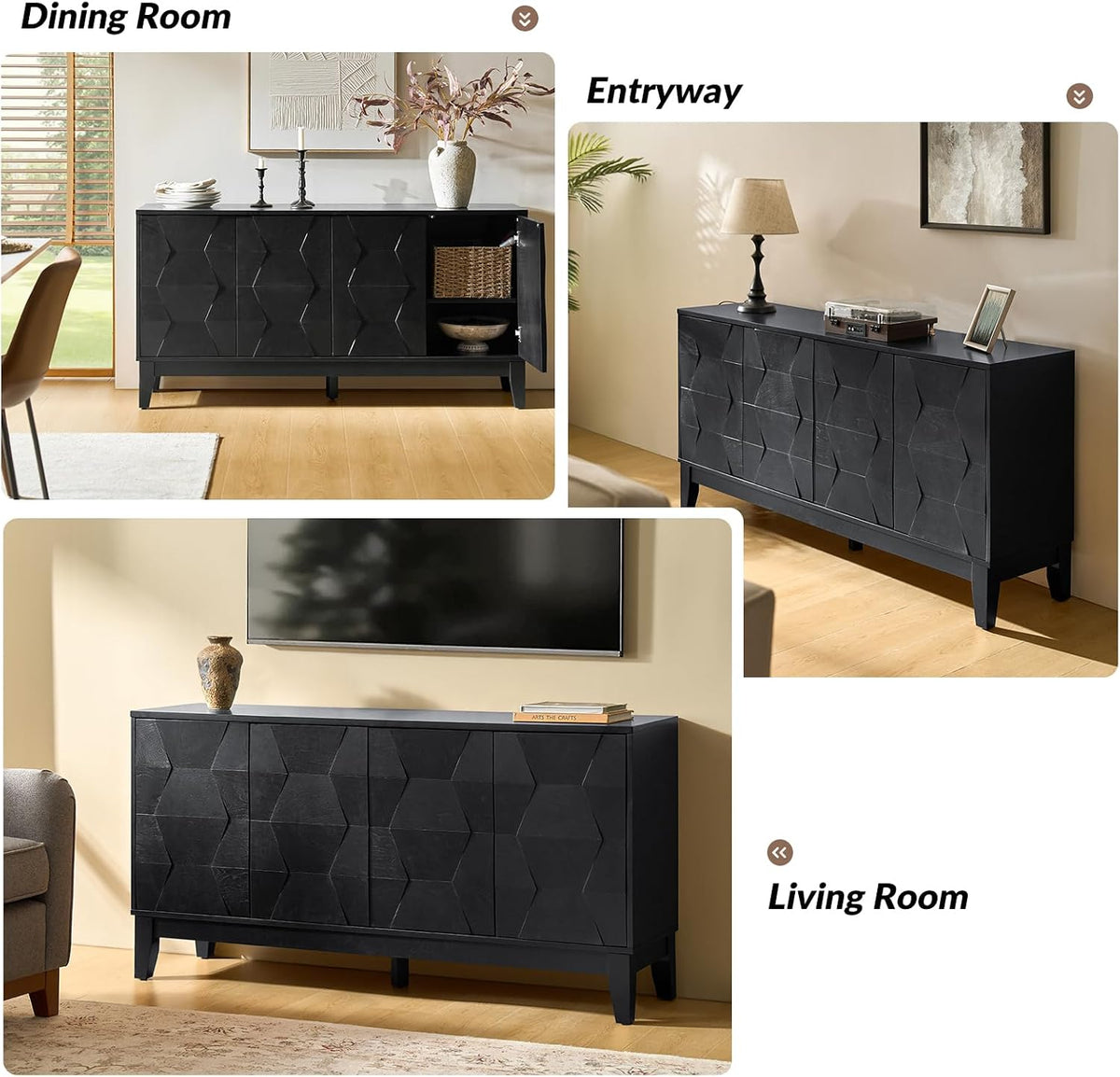 HULALA HOME Mid Century Sideboard Buffet Cabinet with Solid Wood Legs, 60" Kitchen Storage Cabinet Credenza with 4 Doors and 2 Shelves, Accent Console Table (Black)
