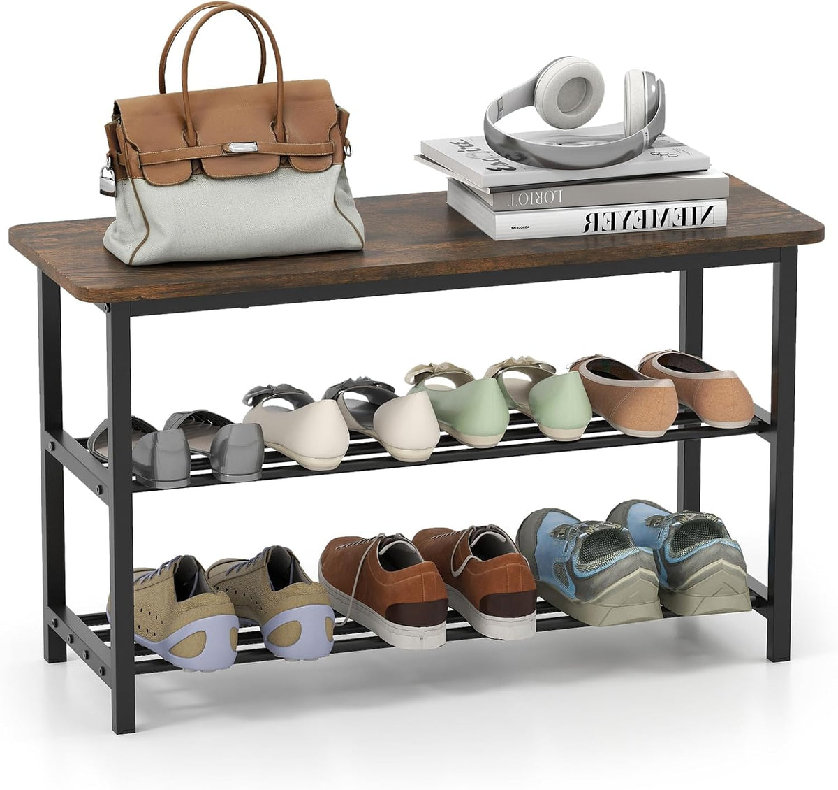Giantex 3-Tier Shoe Bench, 32" L Shoe Organizer Storage Bench with Metal Slat Shelves & Seat, Front Door Shoe Rack for Entryway, Hallway, Bedroom, Living Room
