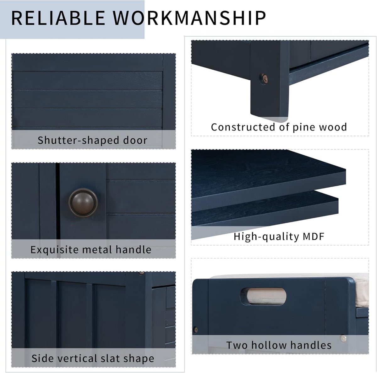 Storage Bench with 3 Shutter-Shaped Doors, Wood Shoe Bench with Removable Cushion and Hidden Storage Space for Entryway, Living Room, Hallway 43.5" L*16" W*18" H Antique Navy