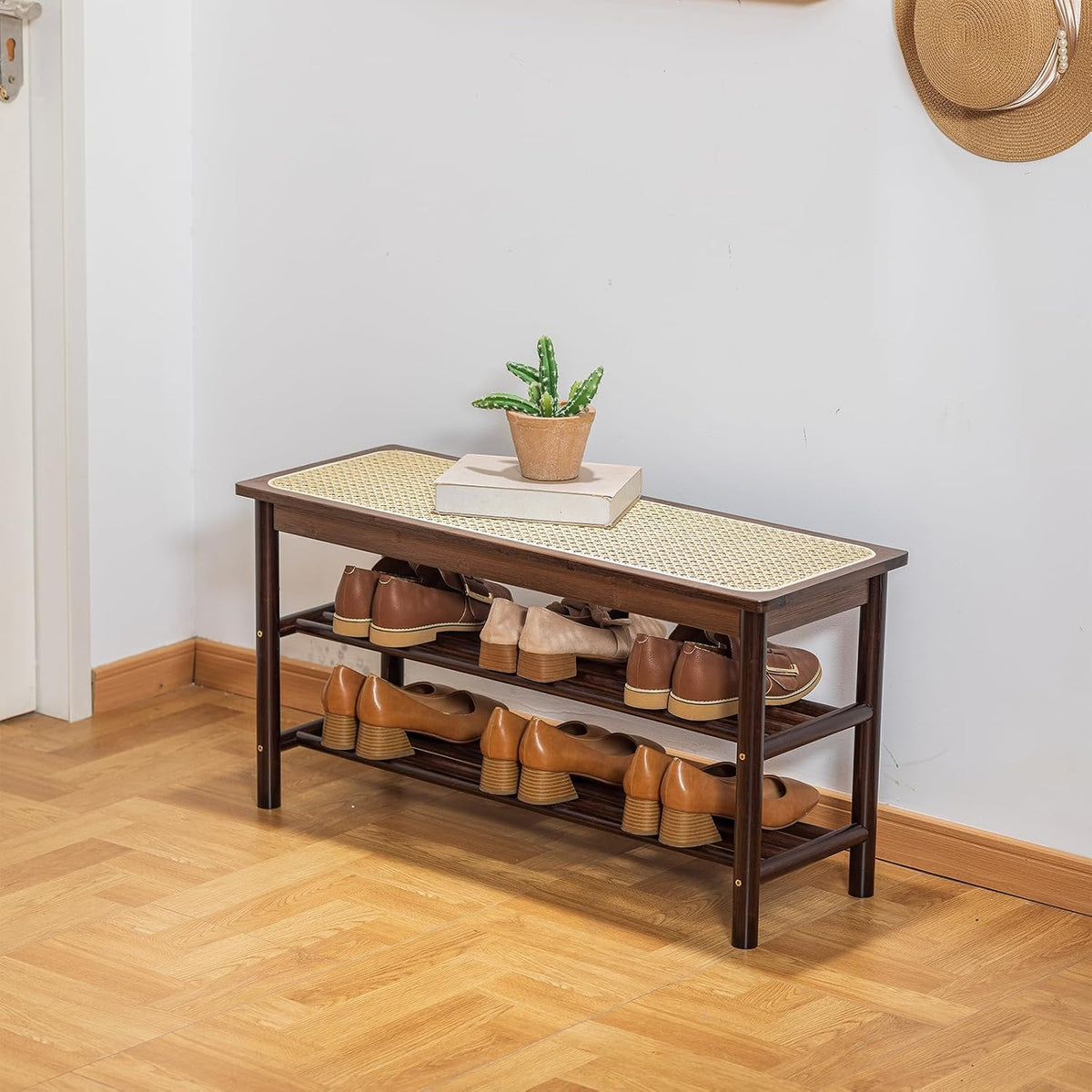 Bamboo Entryway Bench with Woven Rattan Seat, 2-Tier Shoe Storage Bench for Hallway & Entryway 31.5 inches Walnut