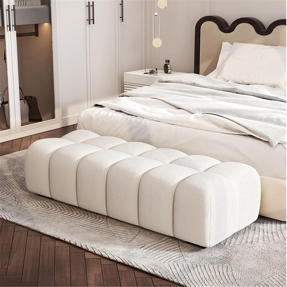 Modern Fabric Bed end Bench Long Bedroom Dressing Room Wooden Shoe Changing Entryway(XS)