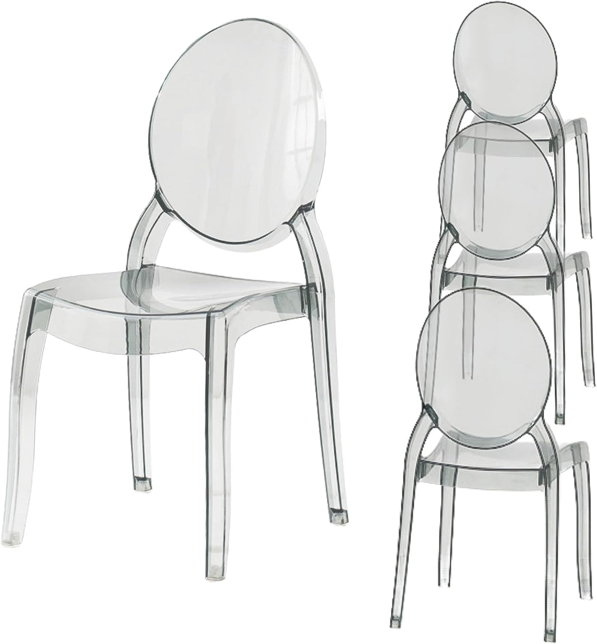 Fohfurniture Large 20" Seat Ghost Chairs Set of 4, Modern Acrylic Accent Dining Chairs, Kitchen and Restaurant Chairs, Circle-Back Armless Stackable Chair for Events, Weddings, Banquets Smoke Grey