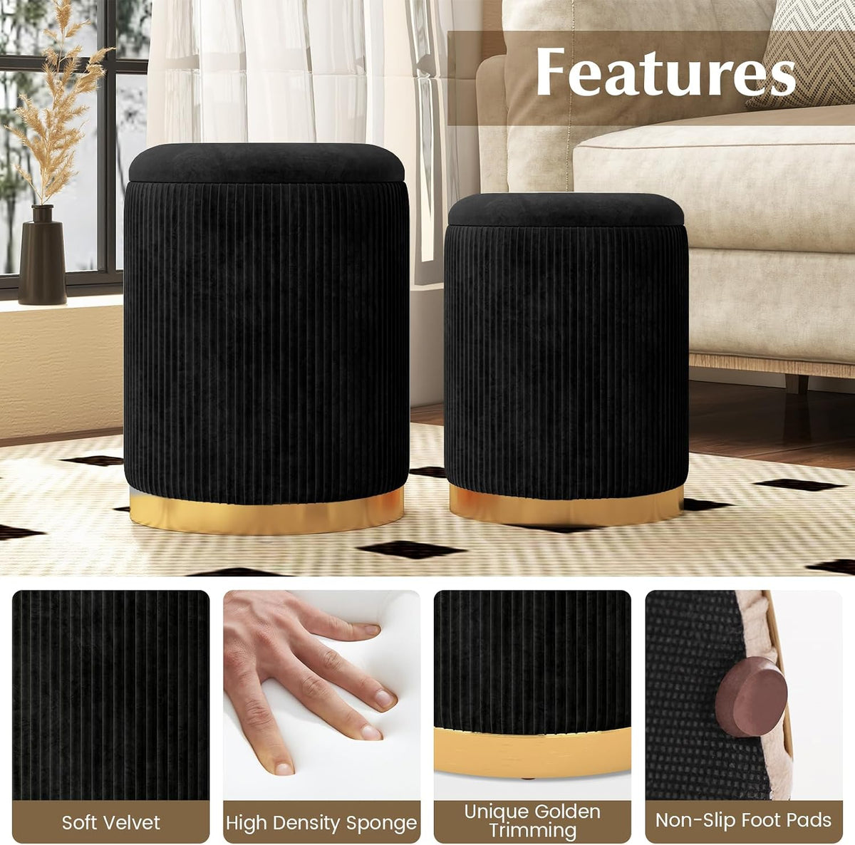 GOFLAME Round Velvet Storage Ottoman Set of 2, Upholstered Footrest with Gold Hoop, Vanity Stool Chair, Stackable Footstool for Living Room, Bedroom, Black & Golden